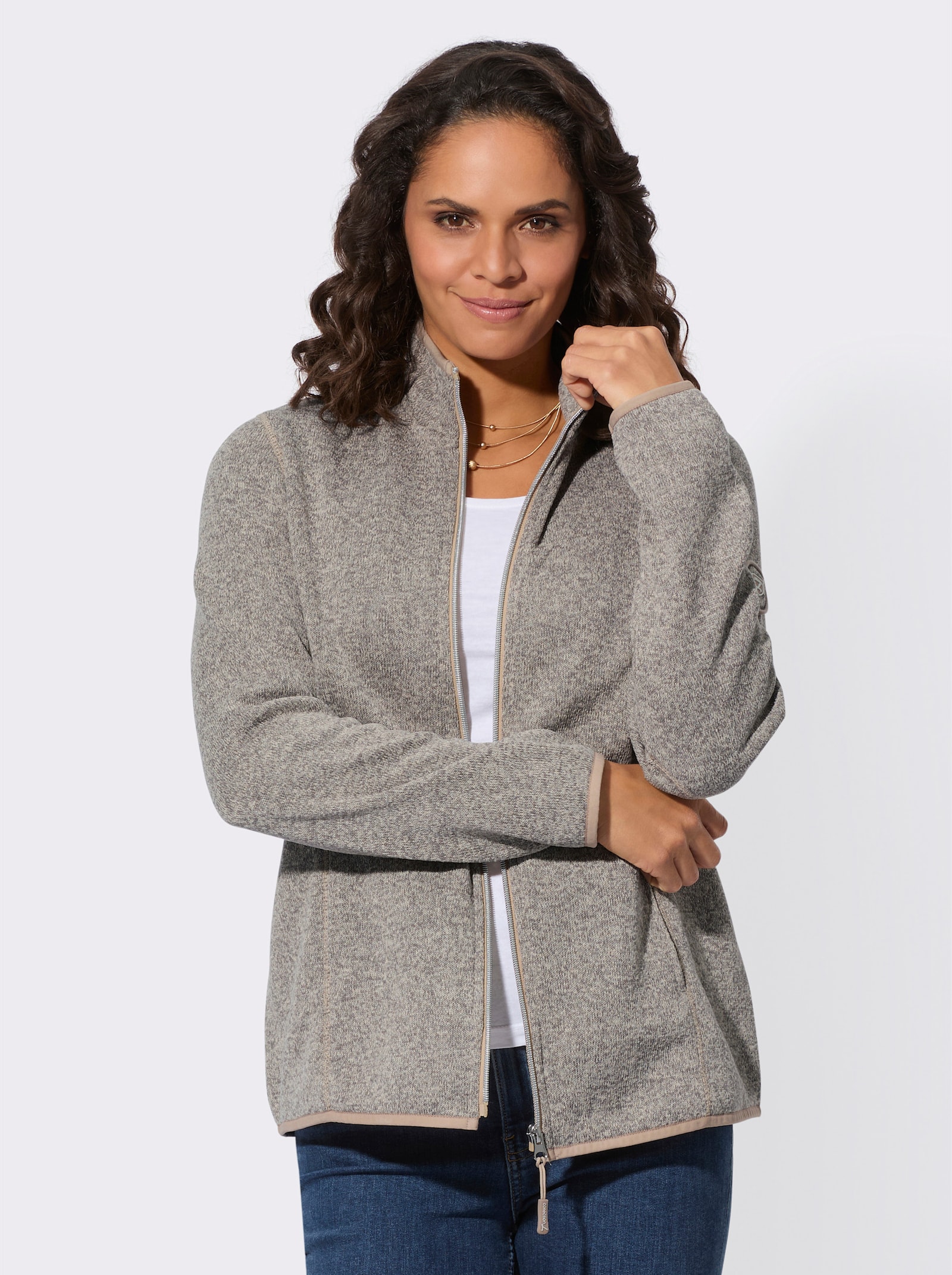 Strickfleece-Jacke mit Nahttaschen - grau-meliert