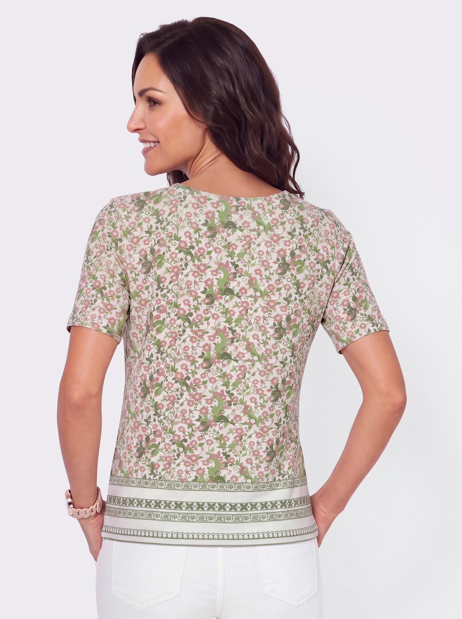 Kurzarmshirt mit Bordürenprint - khaki-hortensie-bedruckt