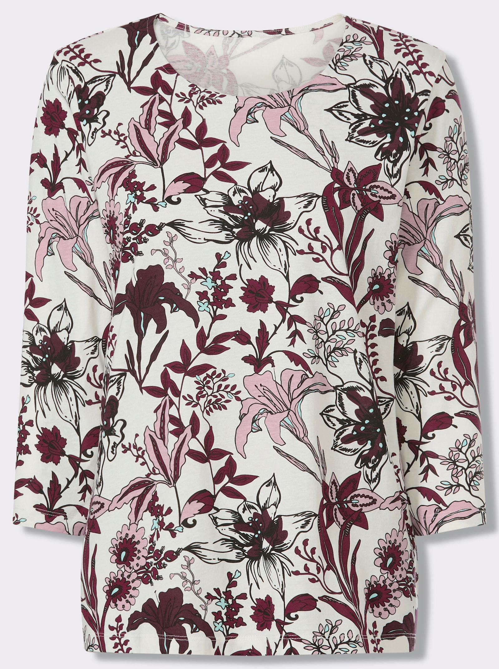 Rundhalsshirt mit floralem Muster - ecru-burgund-bedruckt