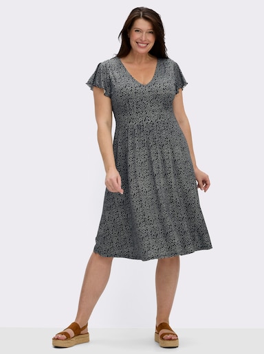 Jerseykleid mit Flügelärmeln und Smokpartie hinten - schwarz-weiß-bedruckt