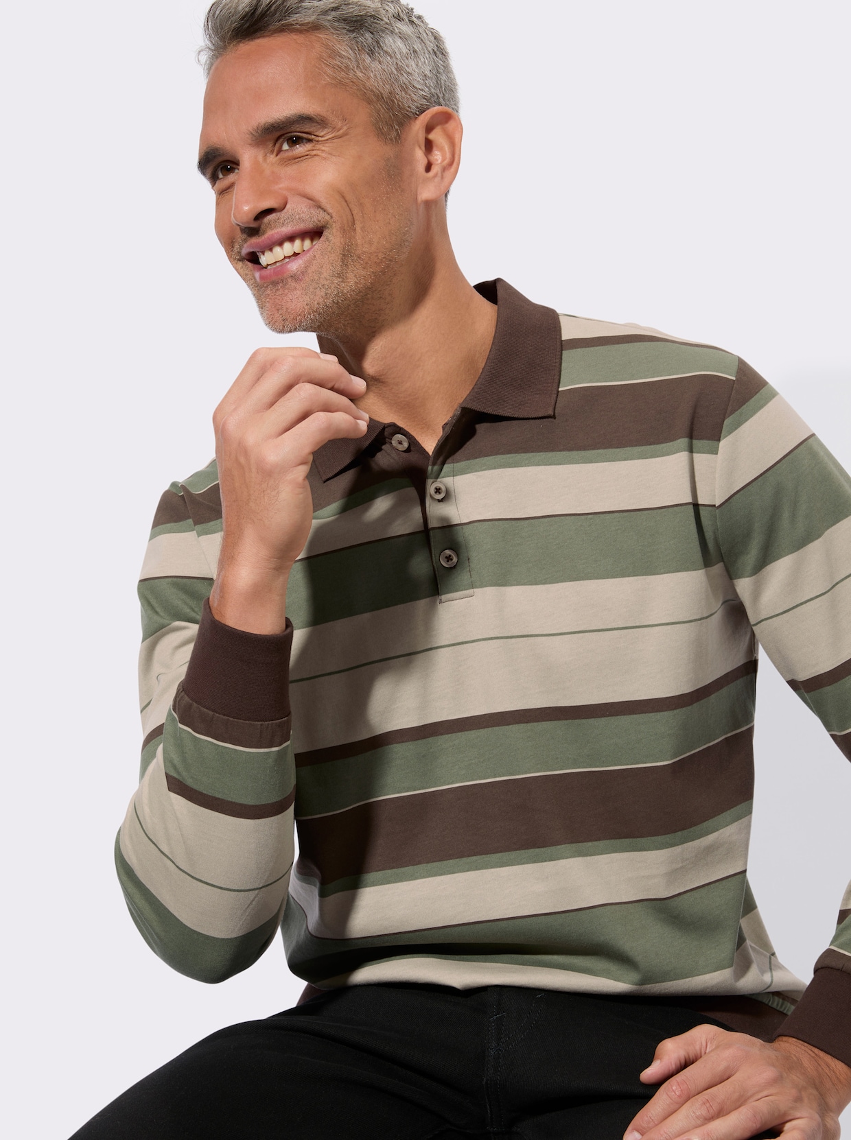 Poloshirt mit elastischen Bündchen - schoko-khaki-geringelt