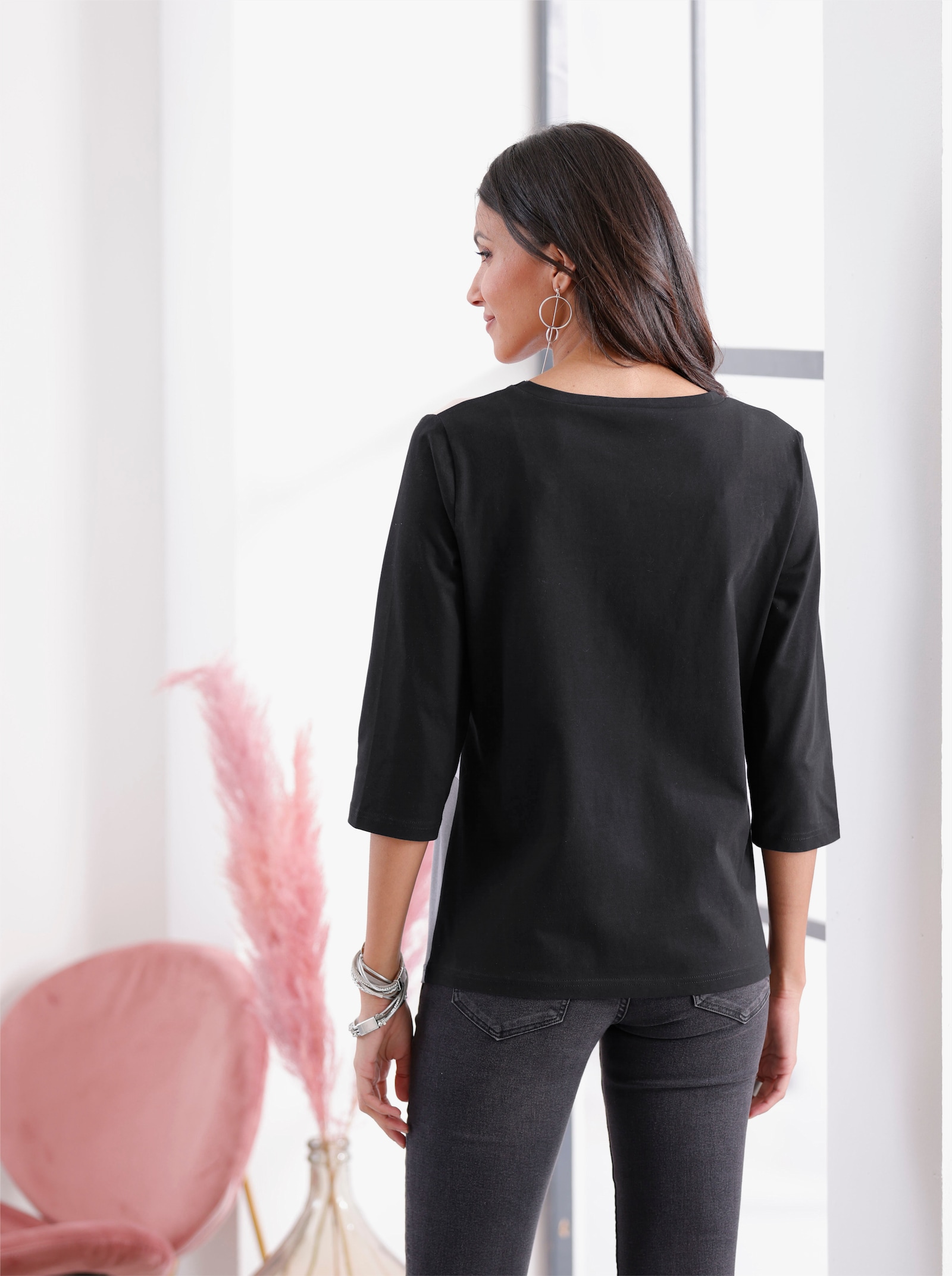 Langarmshirt mit Patchwork-Muster - schwarz-puder-gemustert