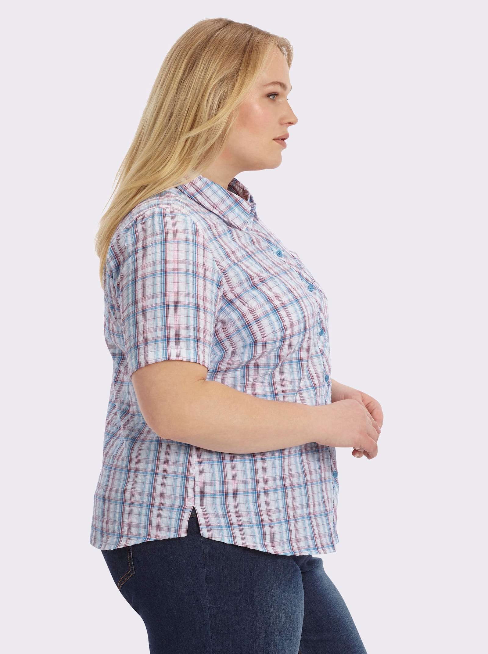 Baumwollbluse aus Seersucker - jeansblau-kariert