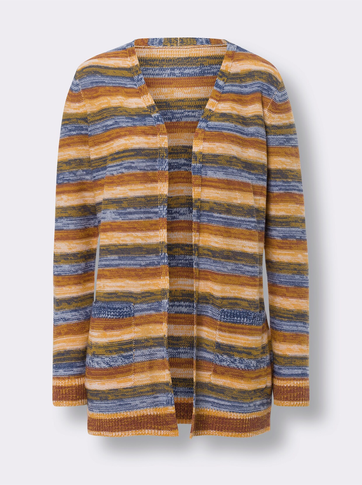 Pletený kabátek - džínová modrá-okrová-vzor