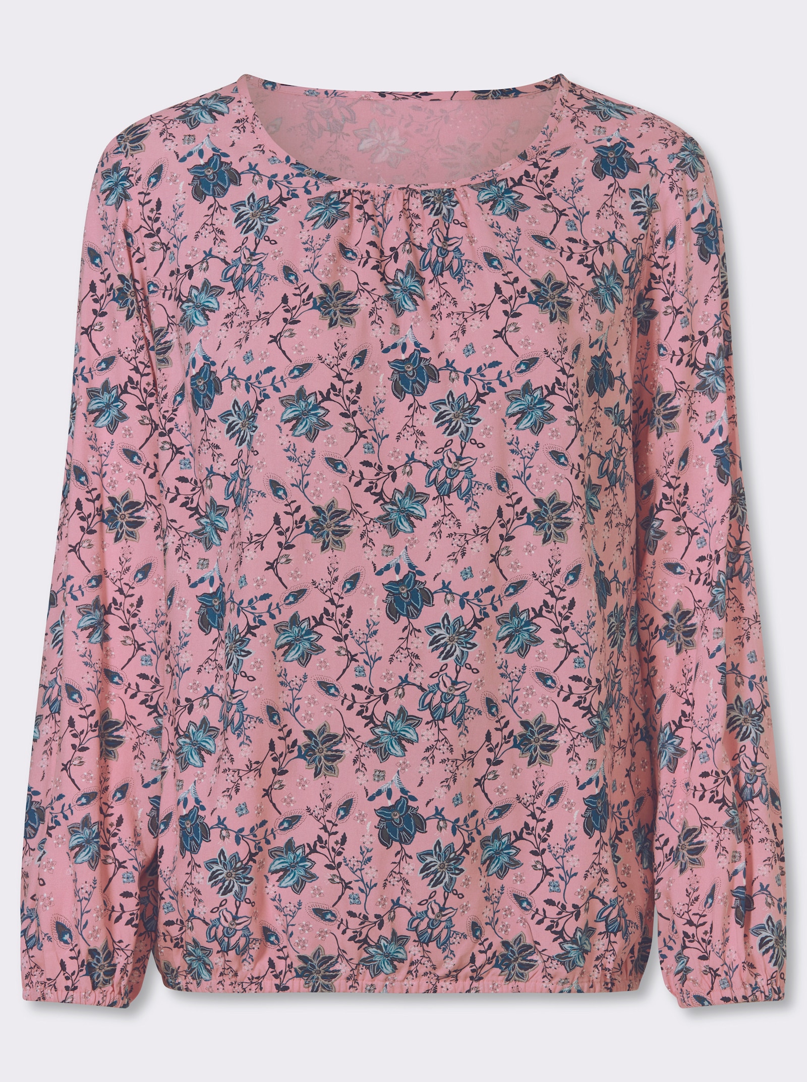 Schlupfbluse mit Raffung am Ausschnitt - rosenquarz-marine-bedruckt