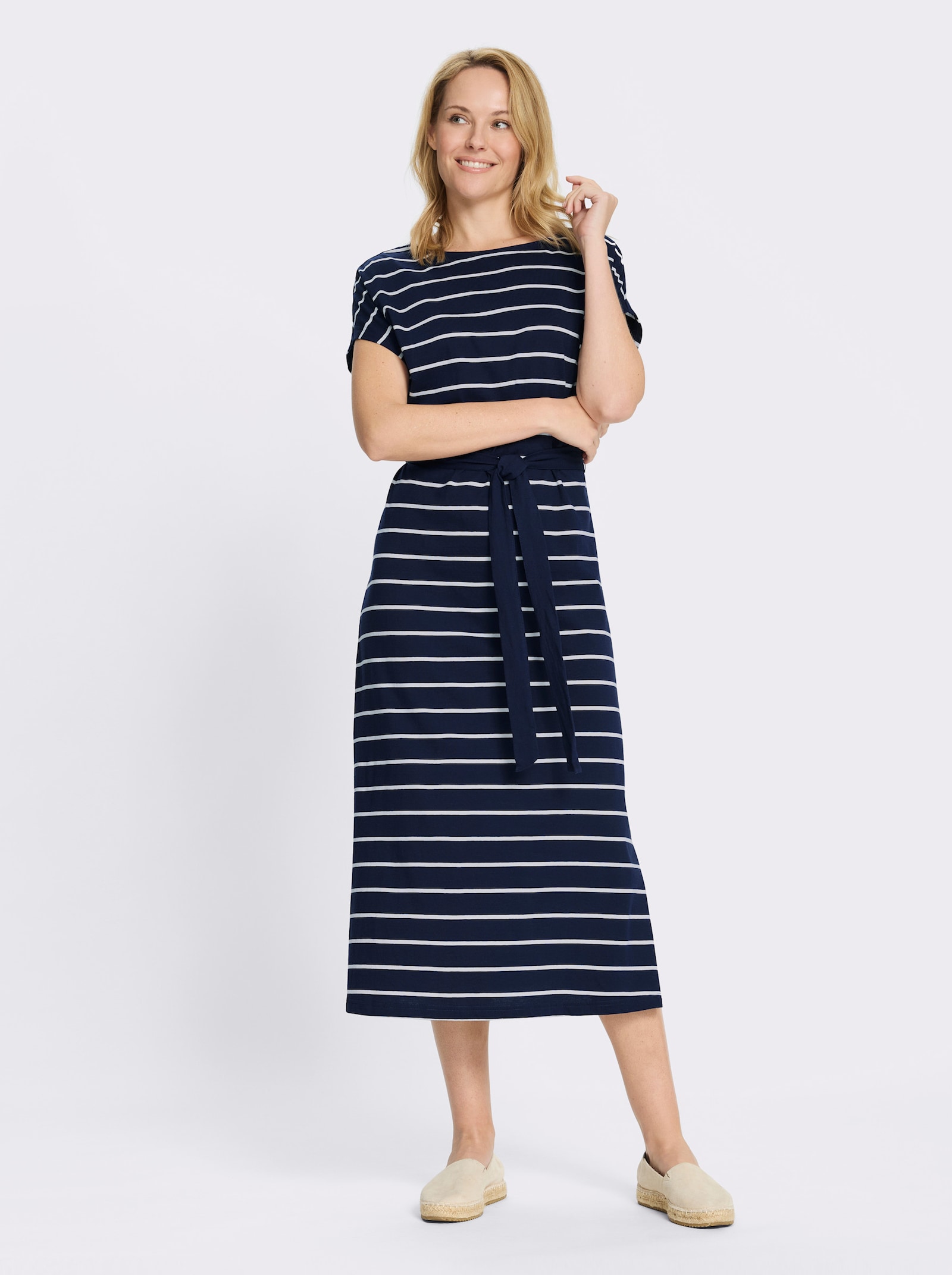 Jerseykleid mit U-Boot-Ausschnitt - marine-weiß-geringelt