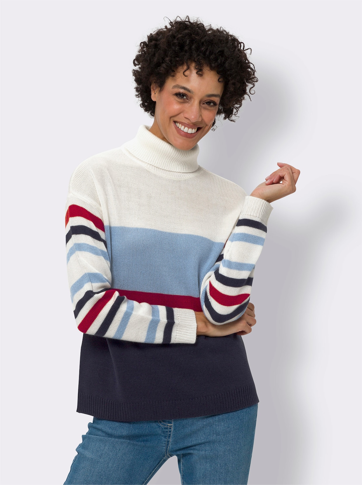 Rollkragenpullover - ecru-bleu-gestreift