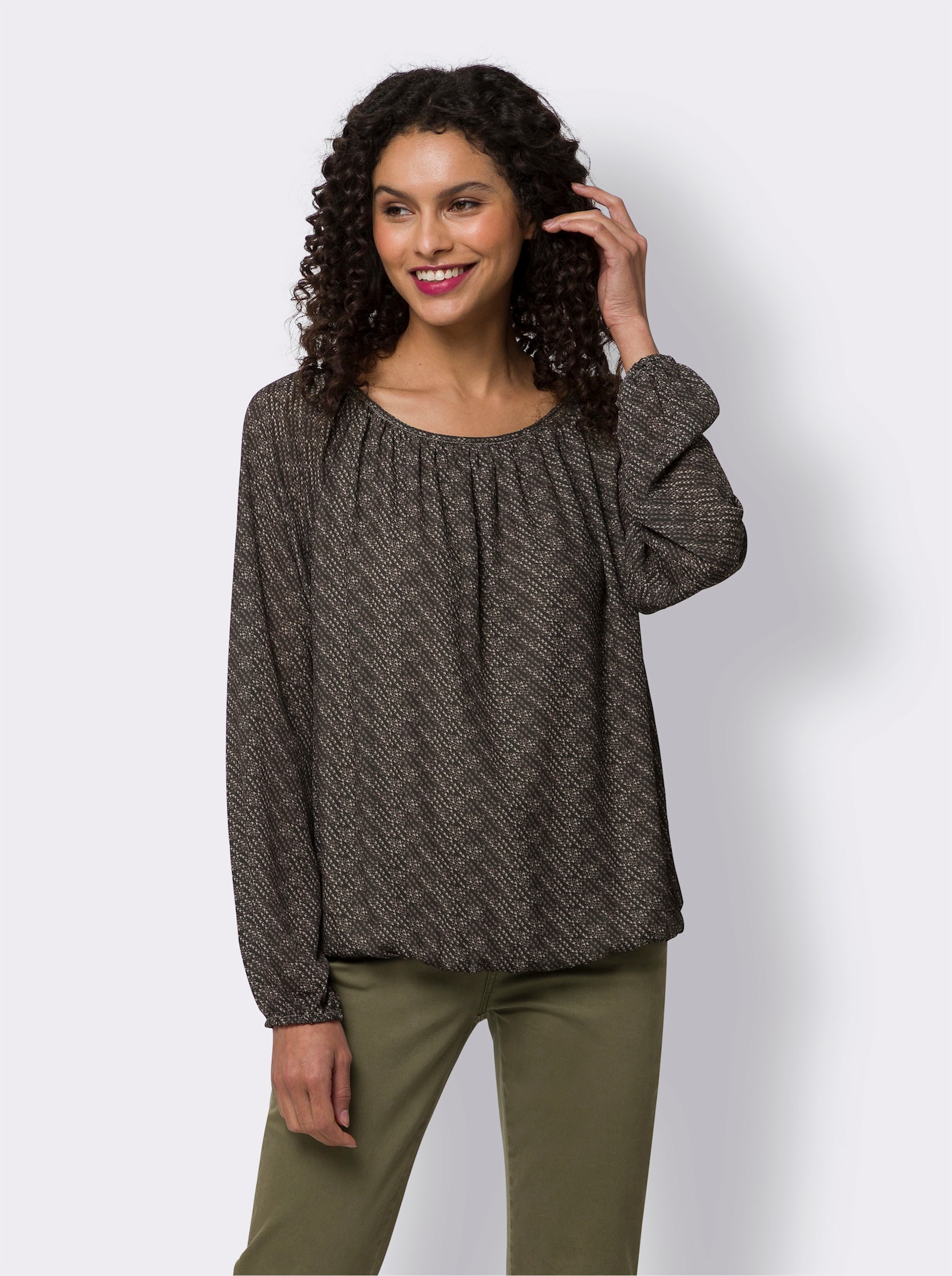 heine Druckbluse mit Gummibündchen - graphit-sesam-bedruckt