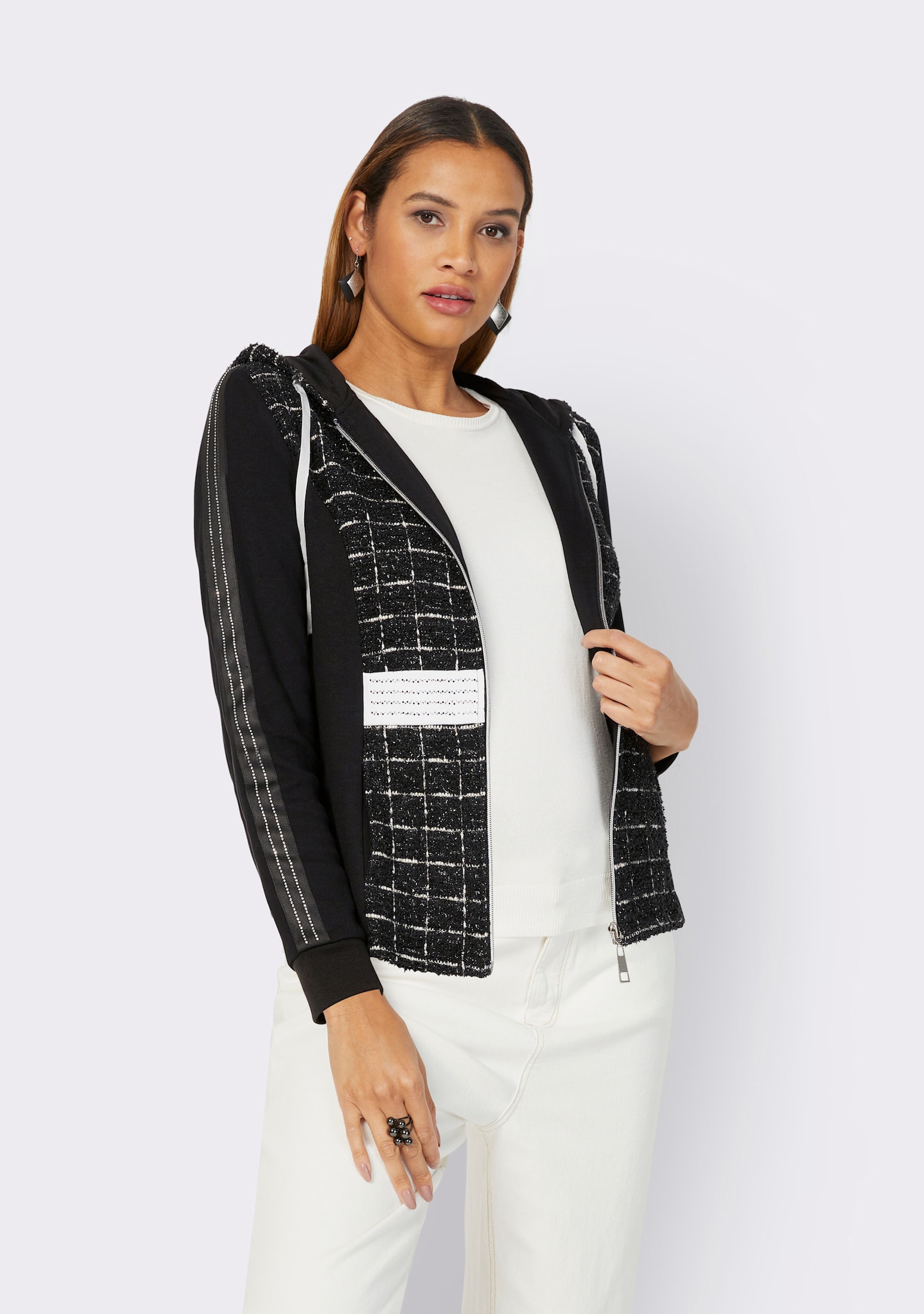 Shirtjacke im Materialmix - schwarz-ecru-gemustert