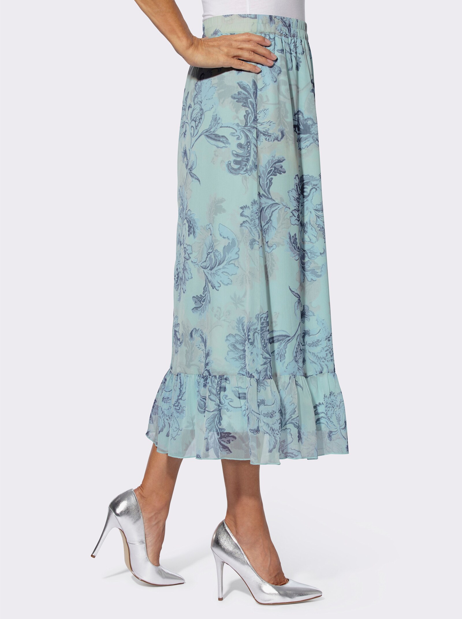 Volantrok met bloemenprint - kalkmint/rookblauw bedrukt