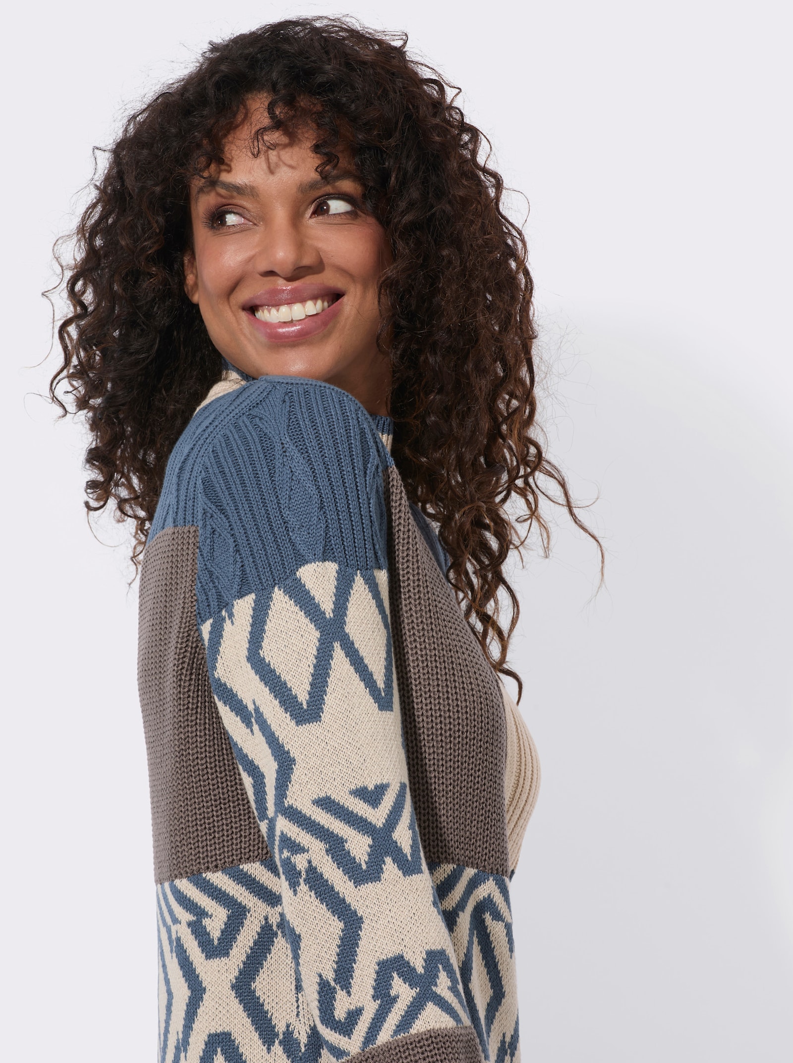  Stehkragenpullover in Patchwork-Optik - elfenbein-rauchblau-gemustert