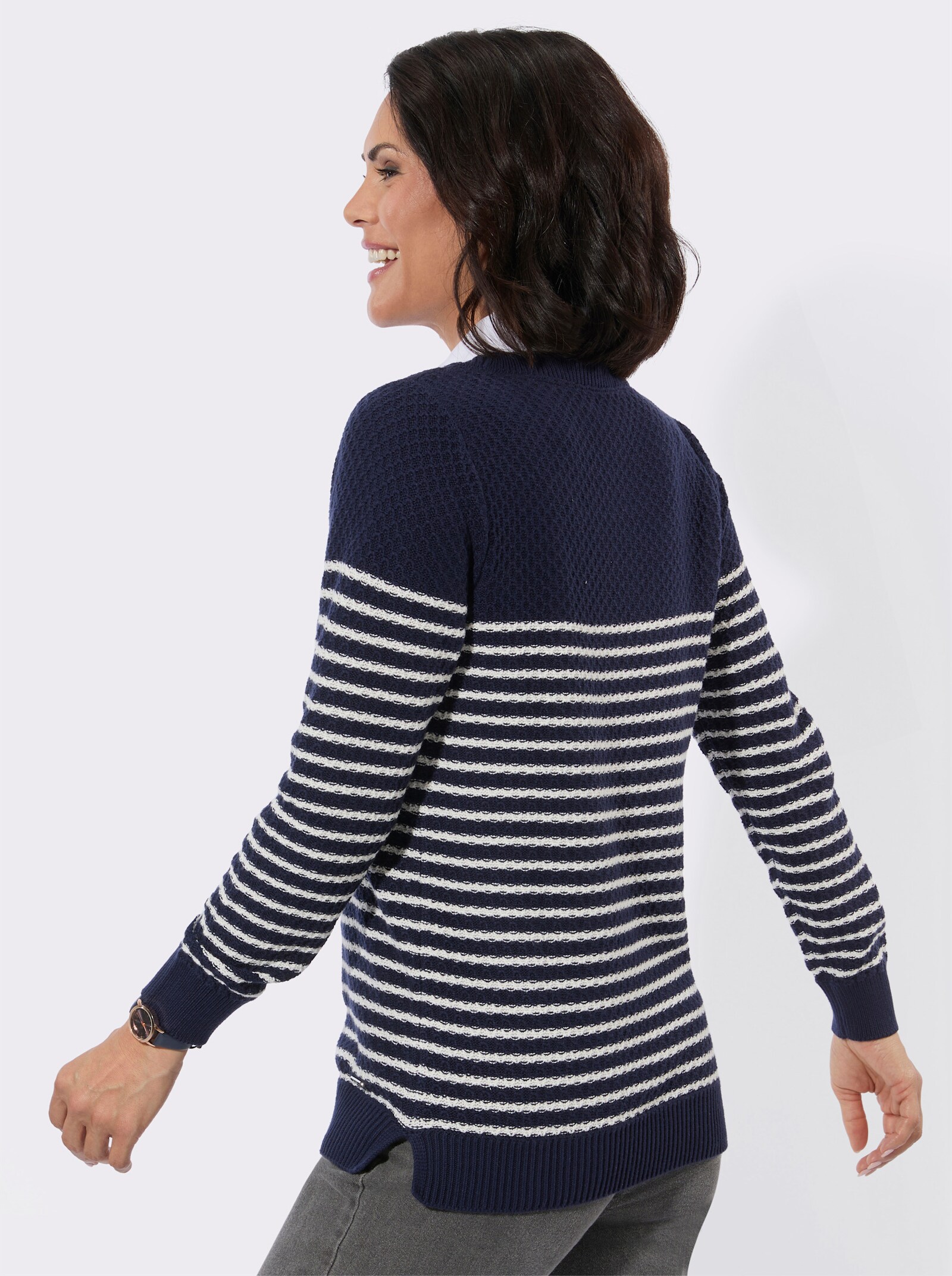 2-in-1-Pullover mit gerippten Abschlüssen - marine-ecru-gemustert