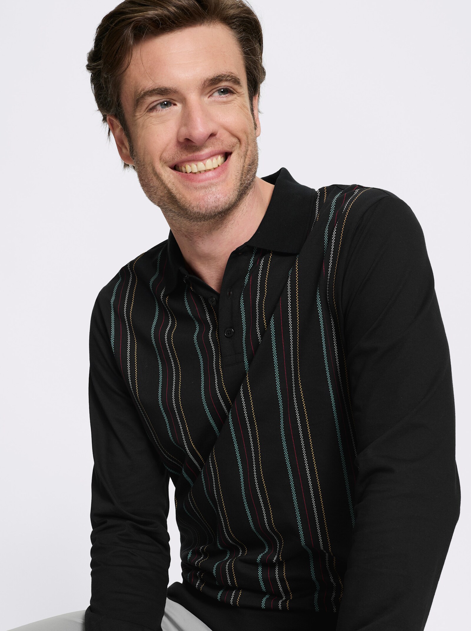 Marco Donati Langarm-Poloshirt mit Knopfleiste - schwarz-gestreift