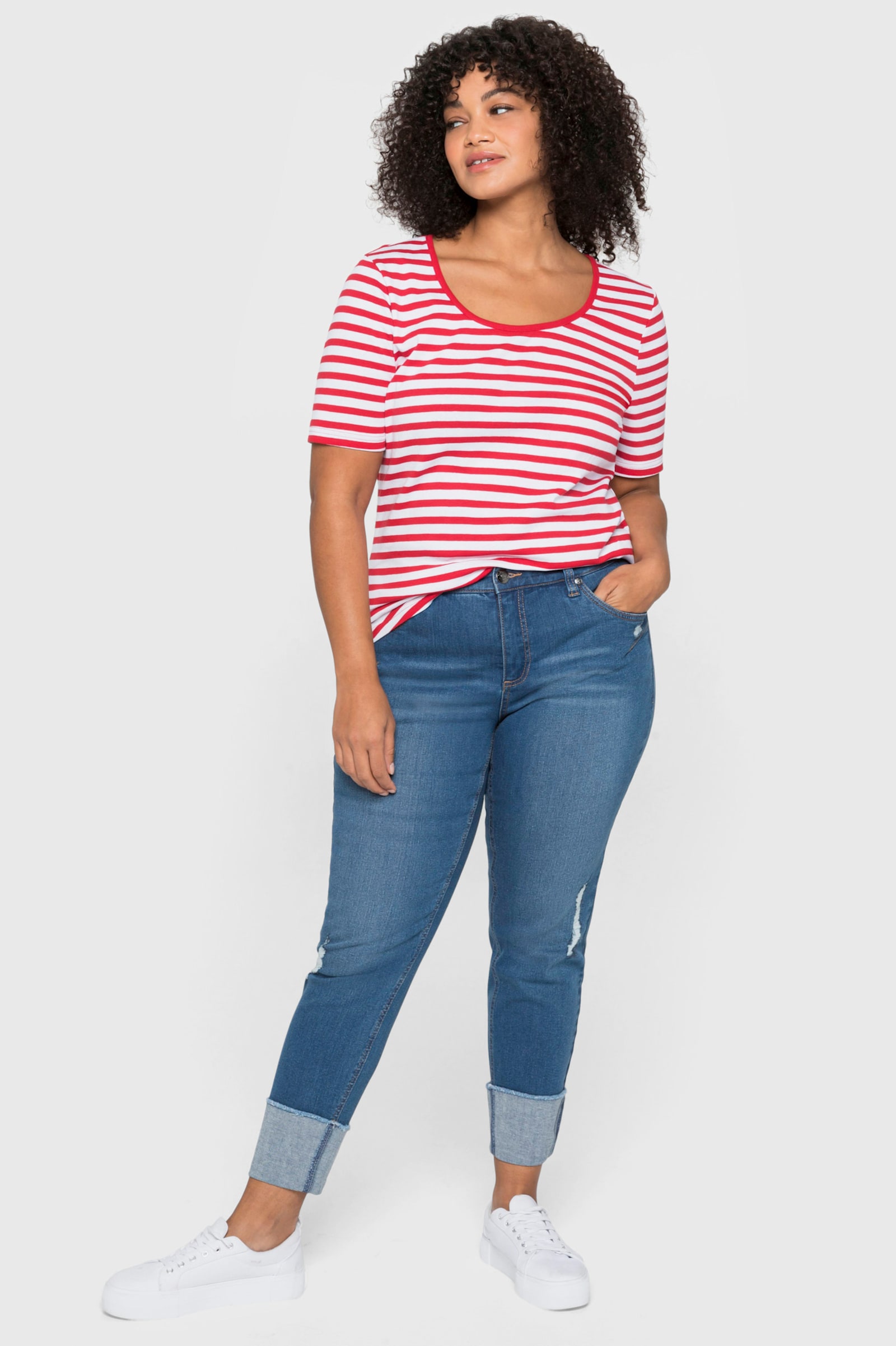 sheego Gestreept shirt met ronde hals - klaproosrood/wit