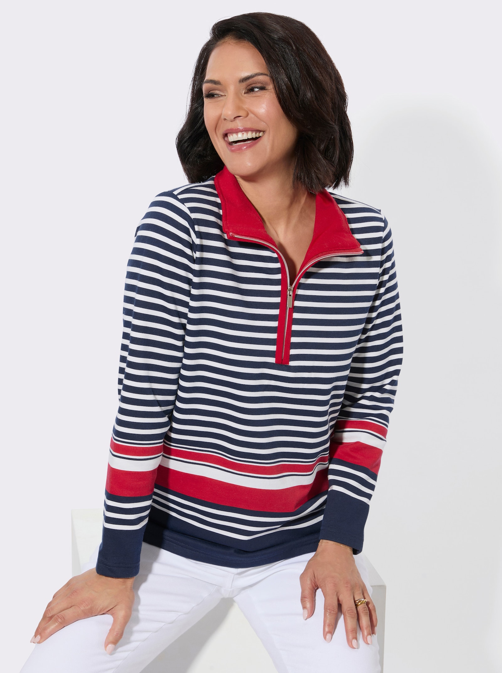 Sweatshirt mit platziertem Ringelmuster - marine-rot-geringelt