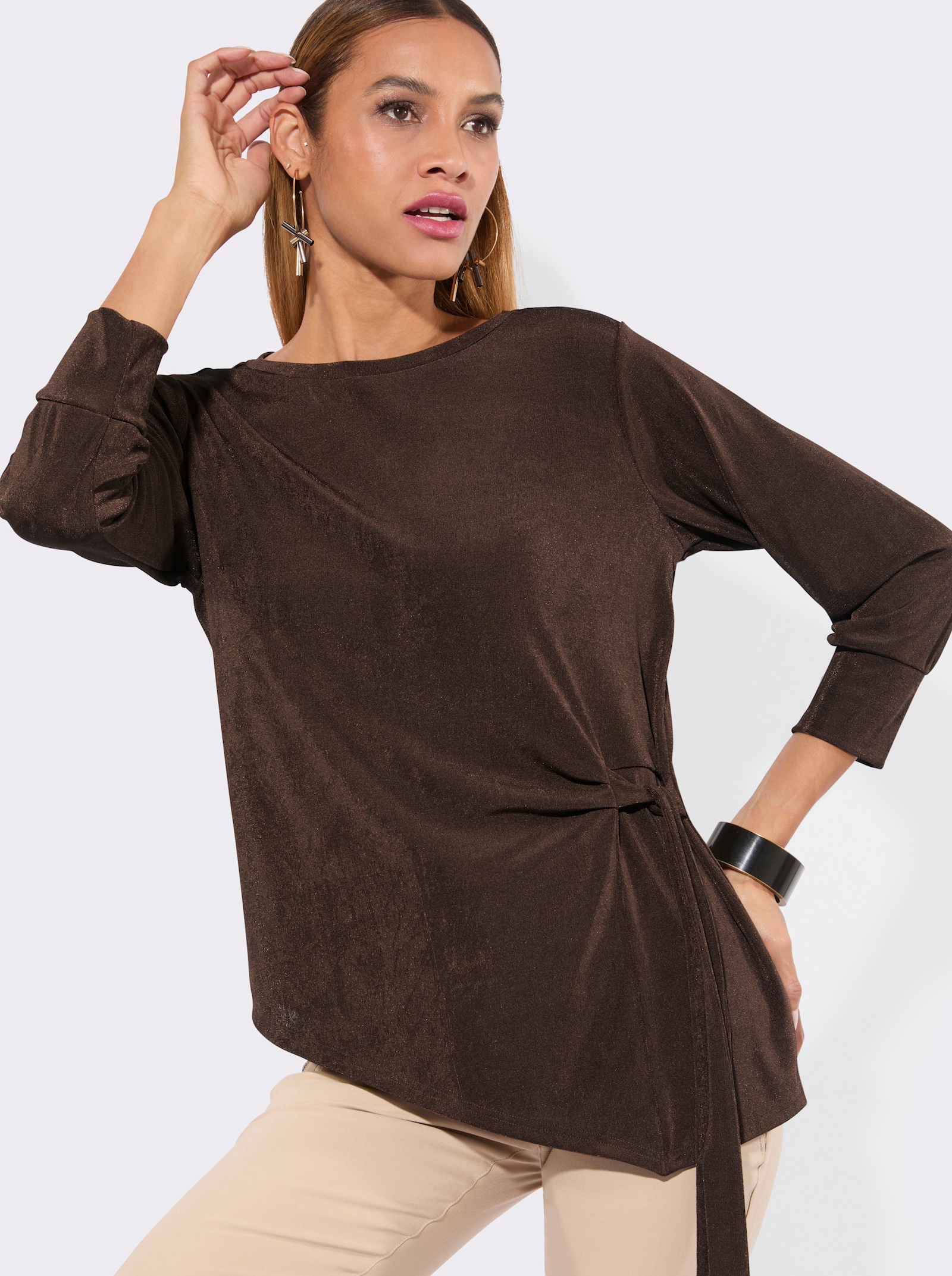 Longshirt mit seitlichen Bindebändern - schoko