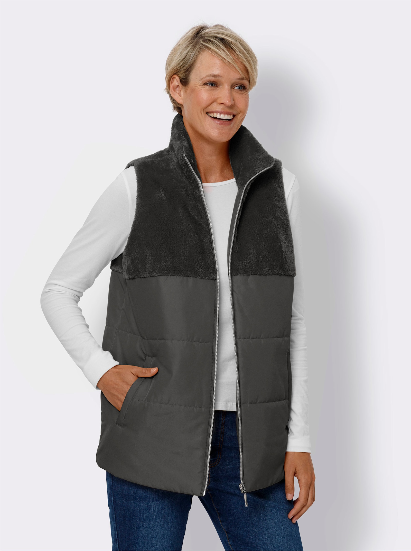 Steppweste mit Teddy-Fleece - graphit