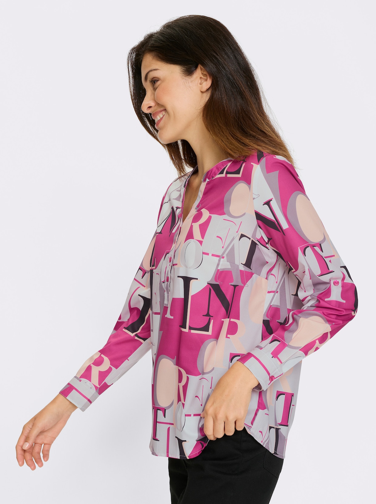 Langarmbluse - fuchsia-hellgrau-bedruckt