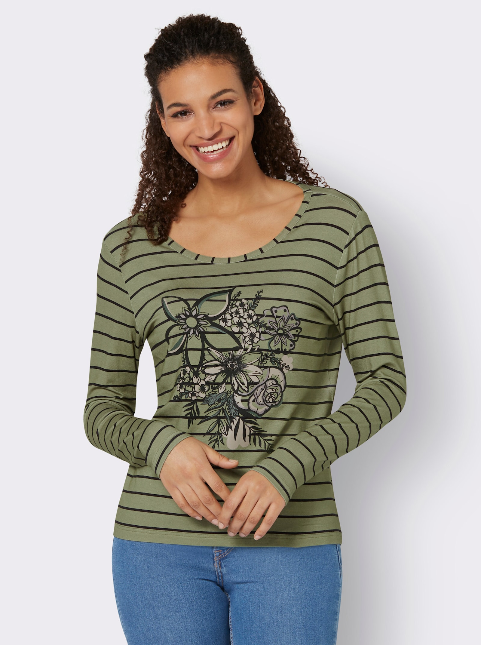 Langarmshirt mit floralem Dessin - schilf-beige-bedruckt