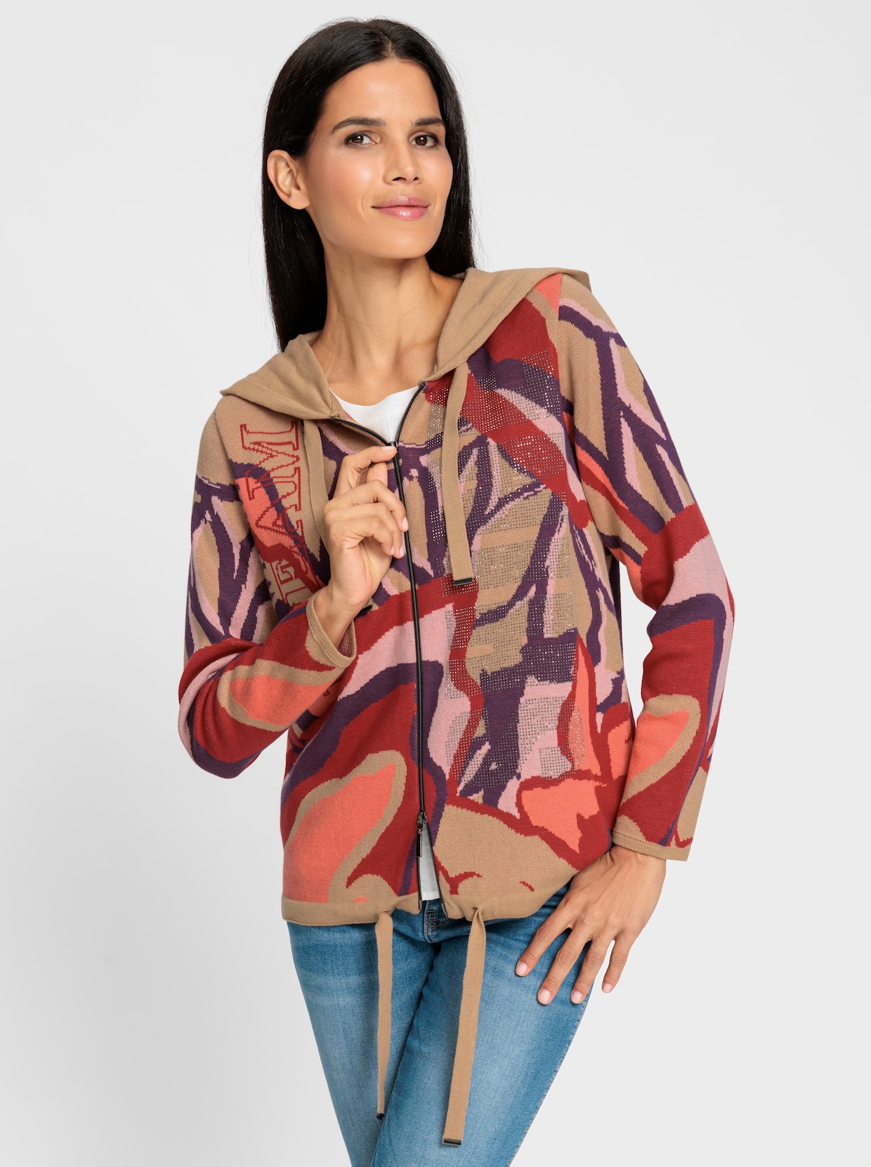 heine Gebreid vest met capuchon - rood/camel gedessineerd