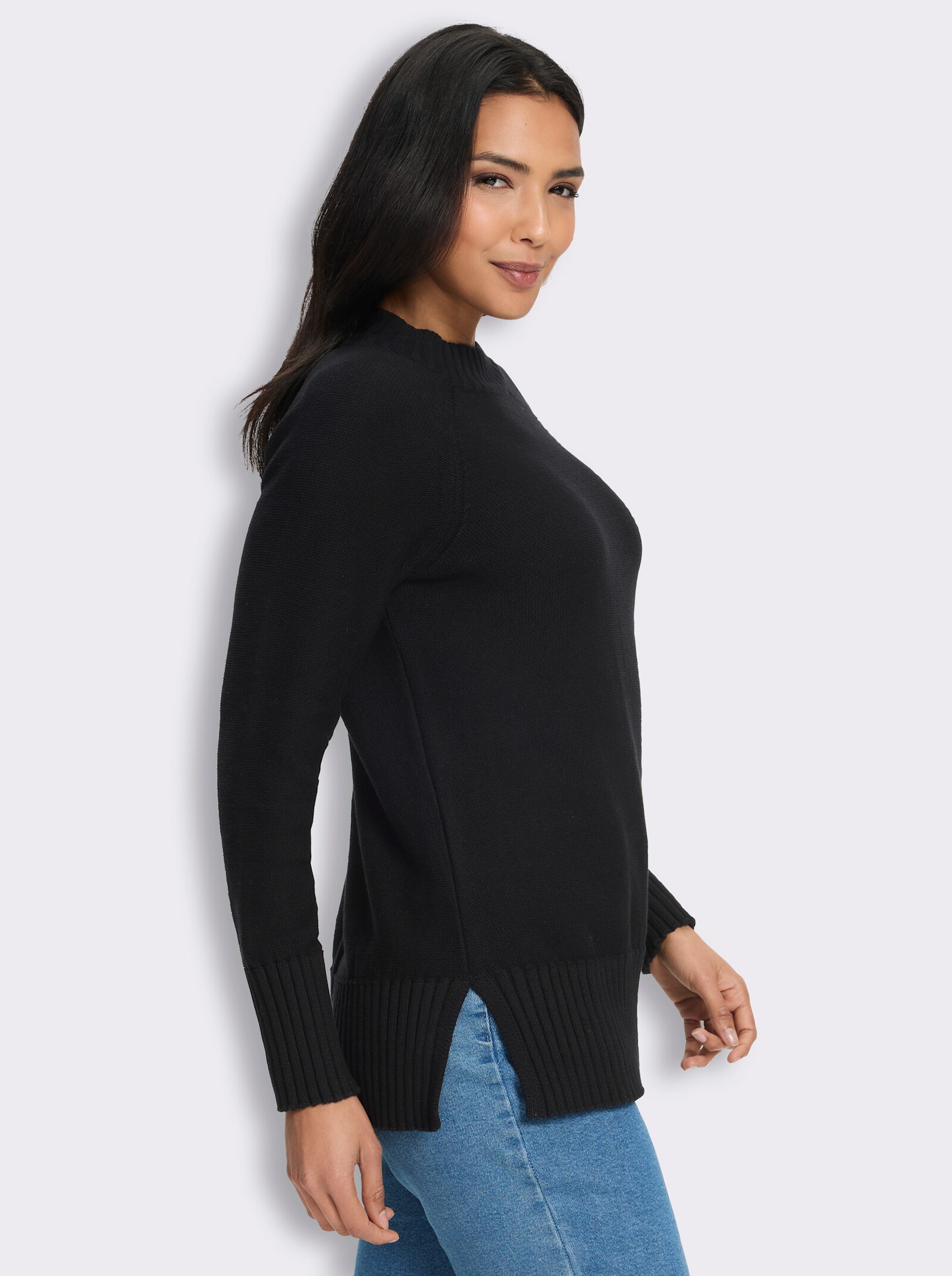 Stehkragenpullover mit Zierknopfleiste hinten - schwarz