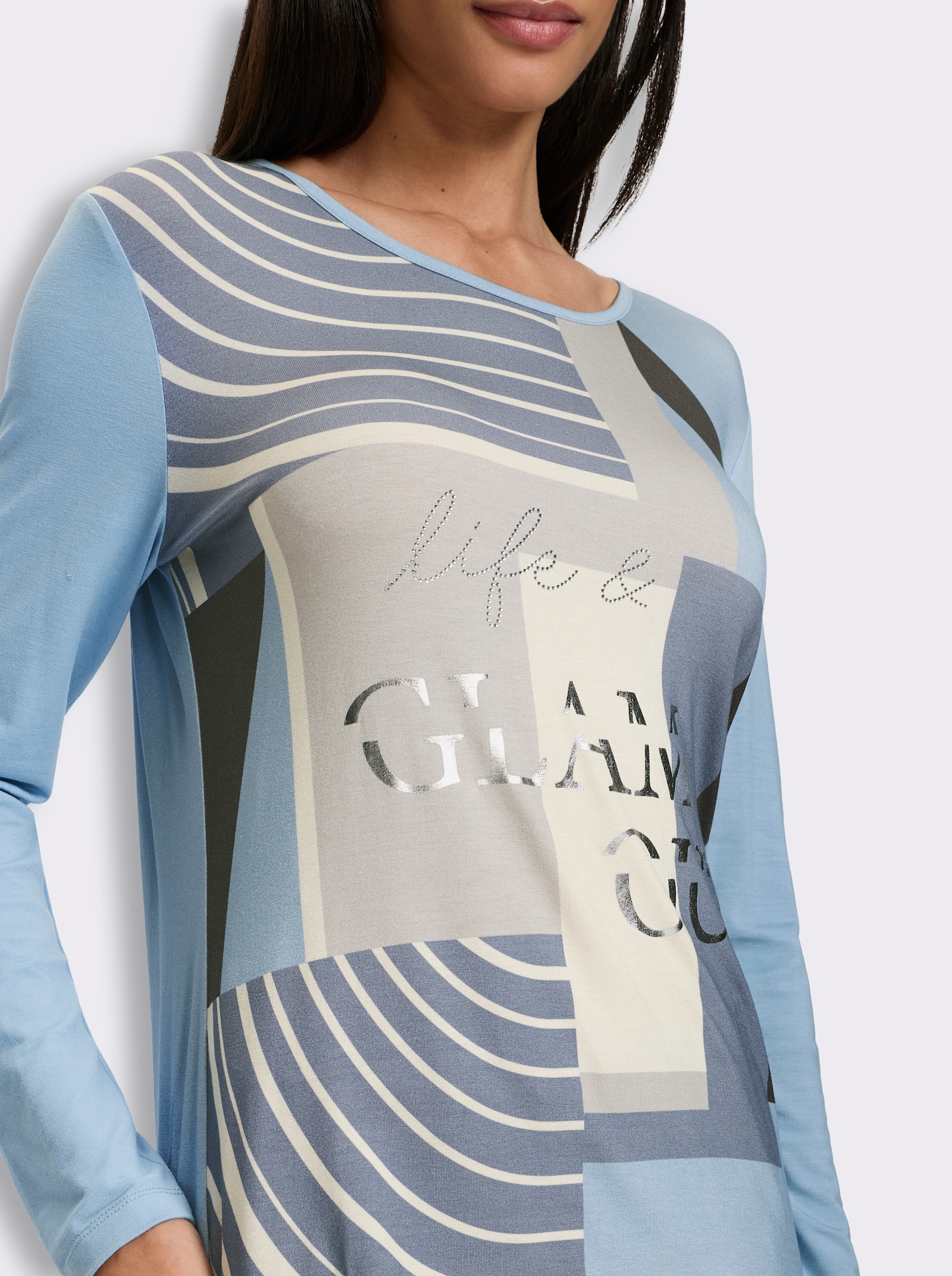 heine Langarmshirt mit Glitzersteinchen - eisblau-hellgrau-bedruckt