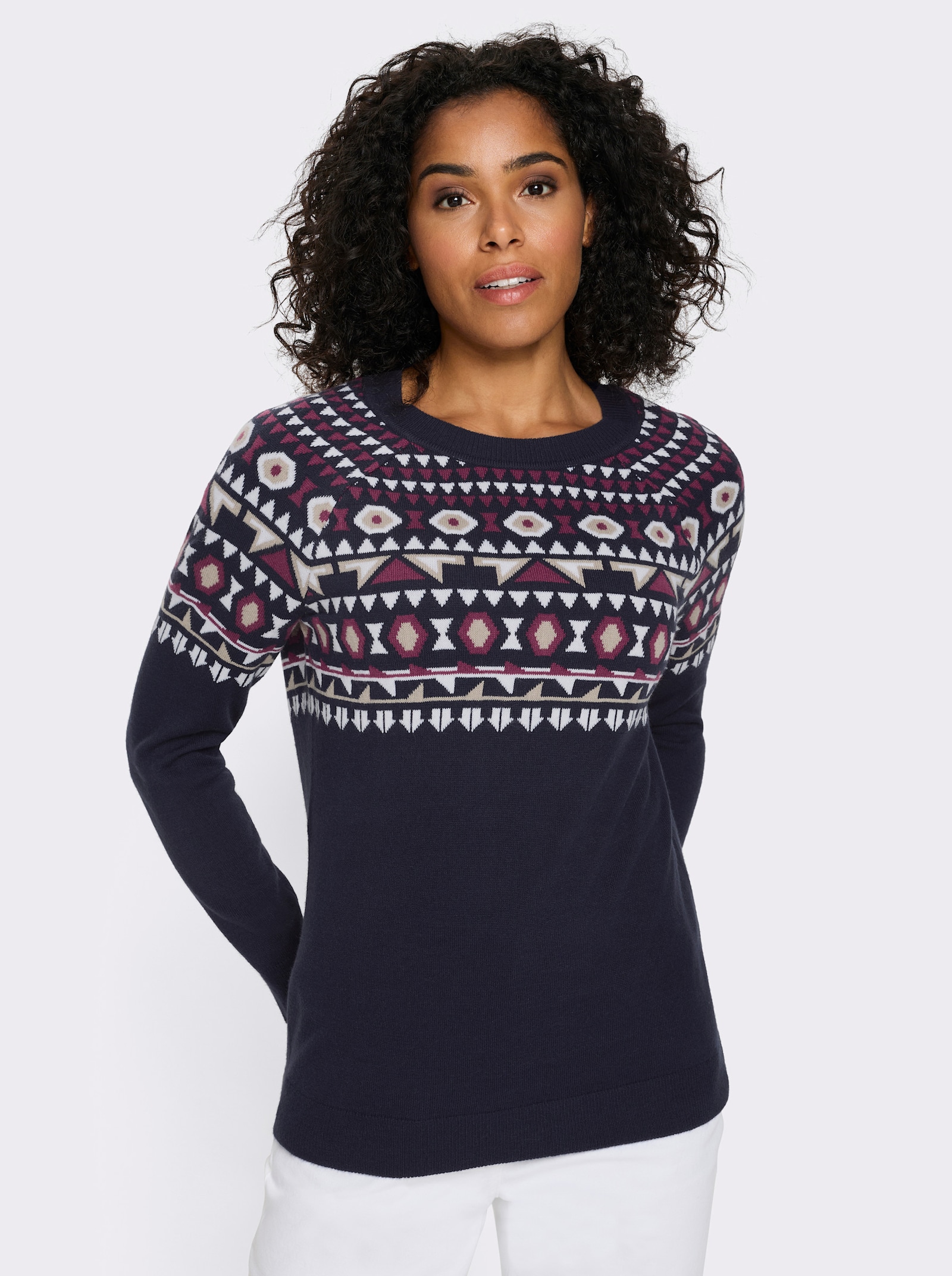 Norwegerpullover mit Raglanärmeln - marine-ecru-gemustert