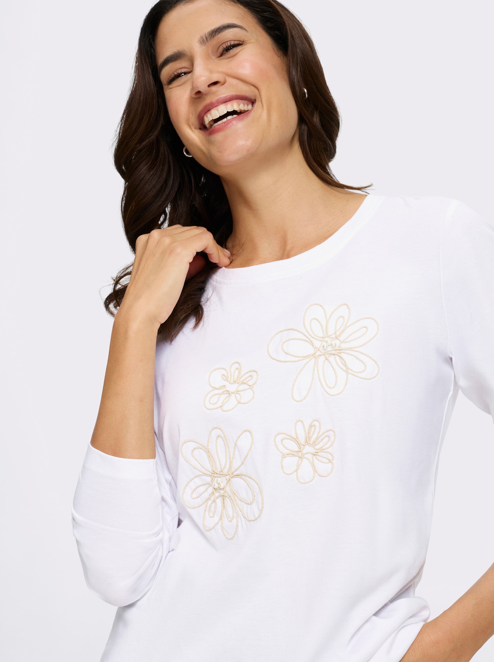 Langarmshirt mit Kordelstickerei und Zierperlen - ecru