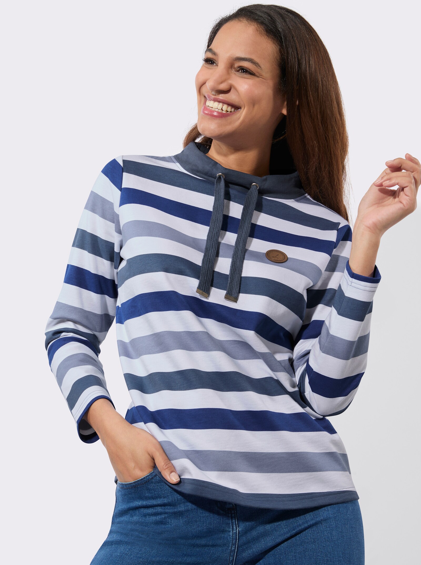 Sweatshirt mit halsfernem Stehkragen - taubenblau-rauchblau-geringelt