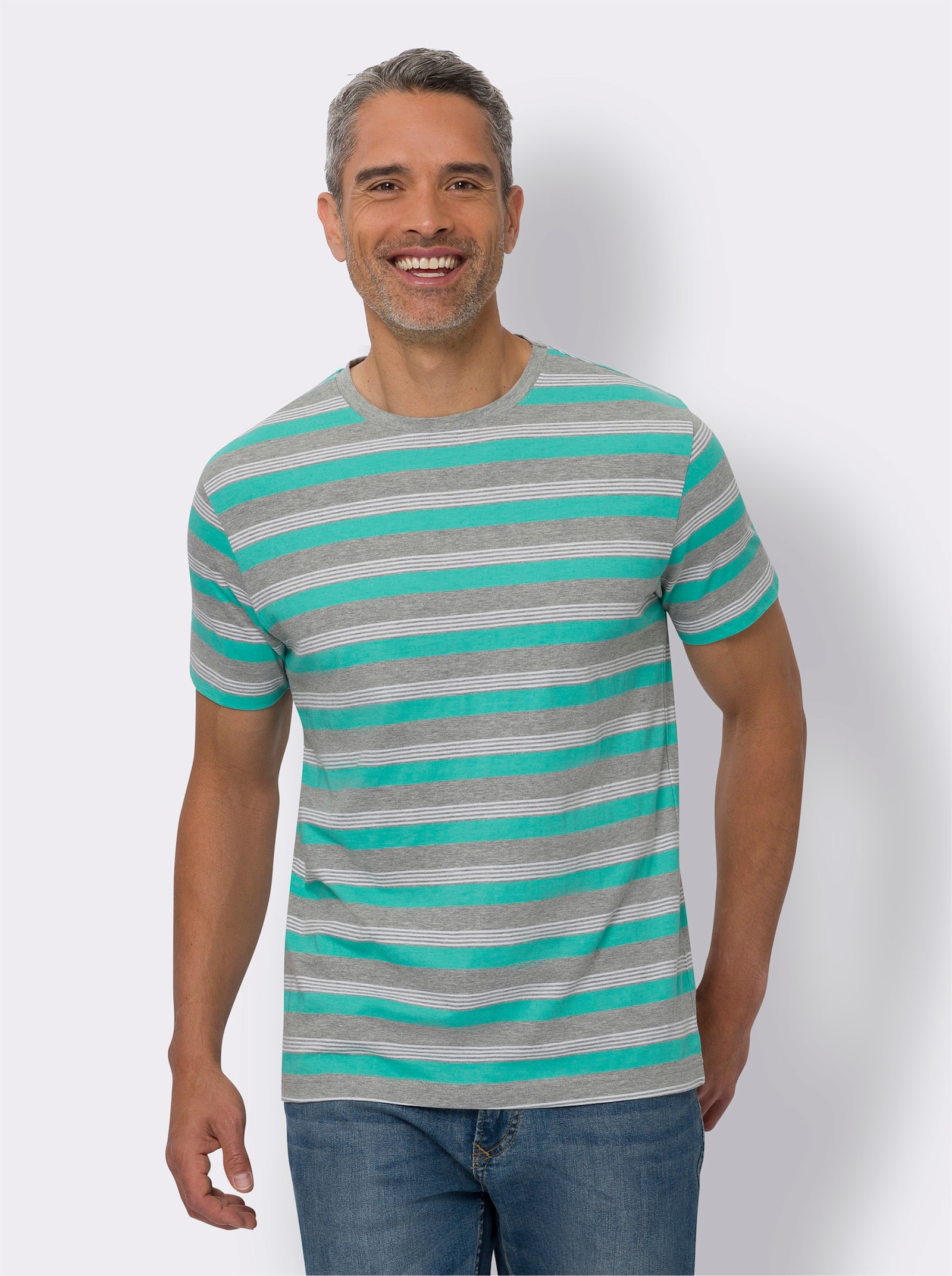 Shirt met ronde hals en in het garen geverfd streepjespatroon - grijs/blauwgroen gestreept