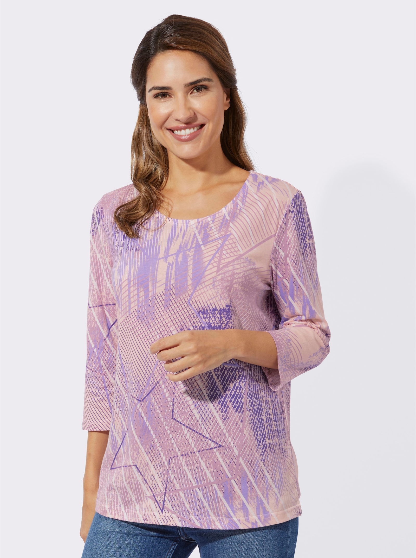 Shirt met 3/4-mouwen van puur katoen - lichtroze/lila bedrukt