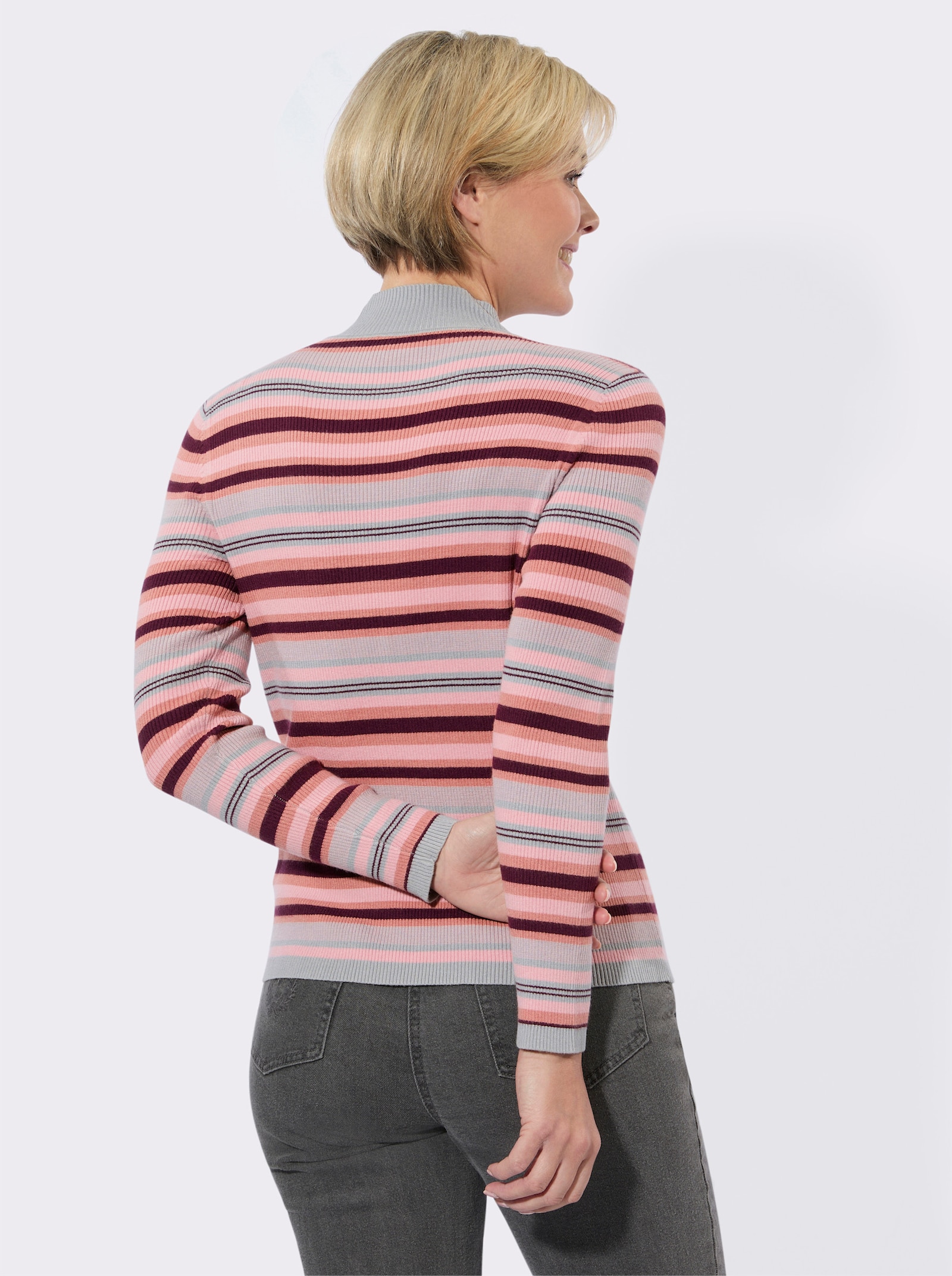 Streifenpullover mit Stehkragen - rosenholz-burgund-geringelt