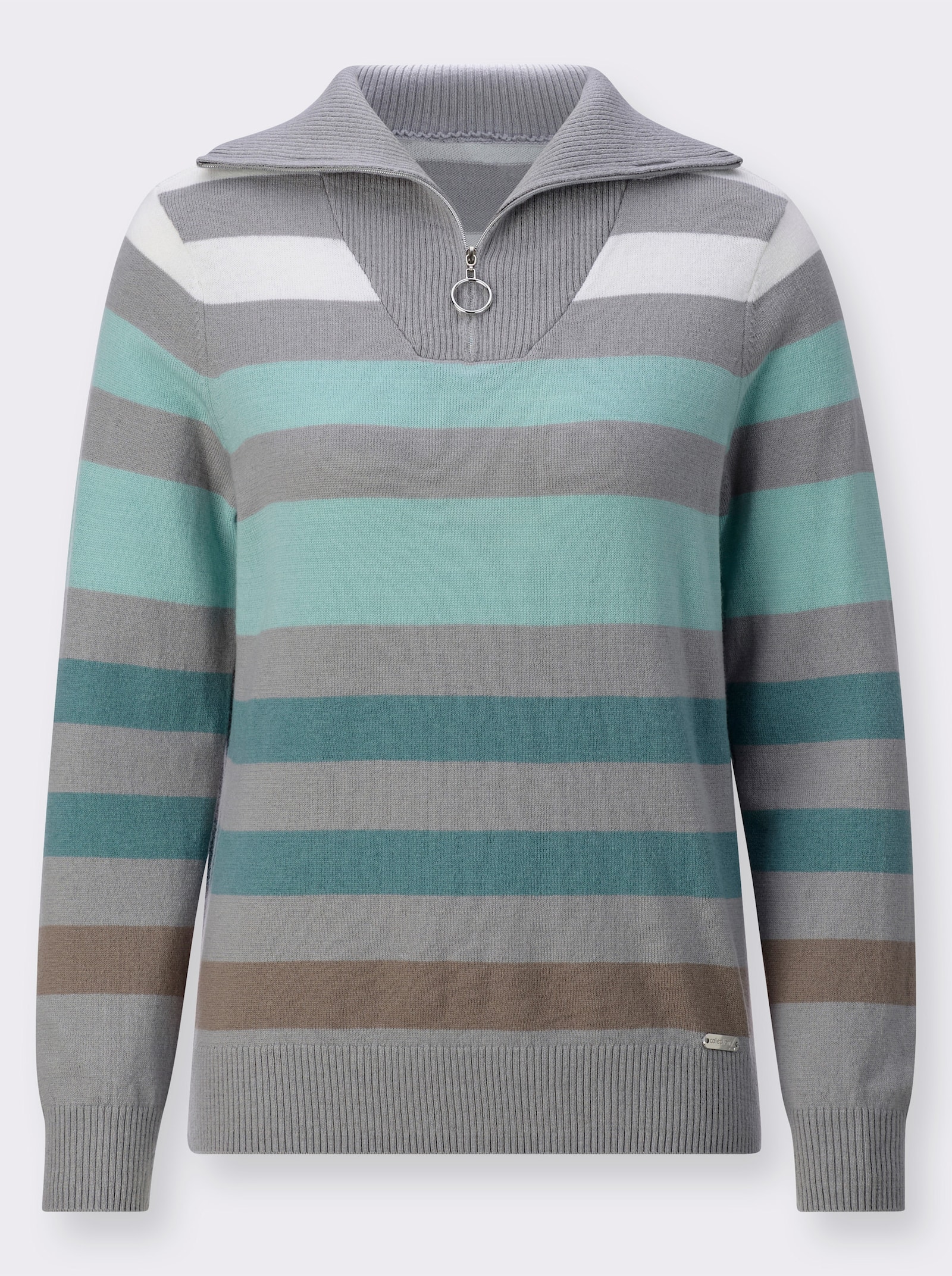 Langarm-Pullover mit 50% Wolle - steingrau-jade-gestreift