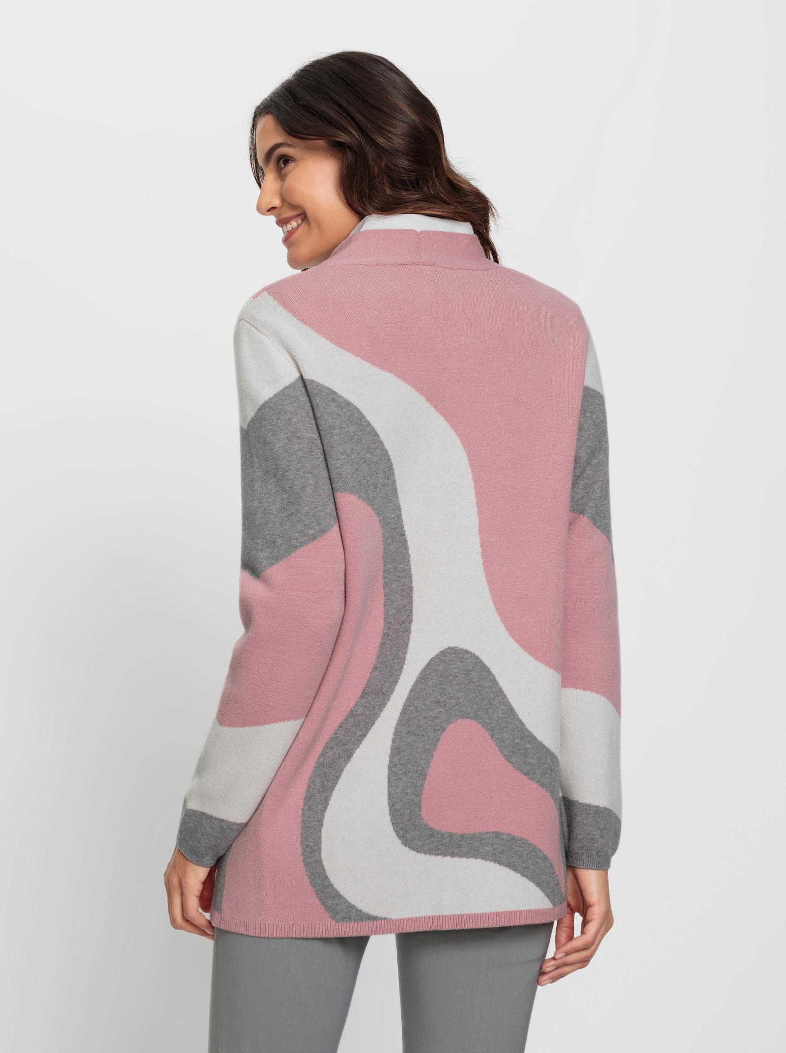 Jacquardstrickjacke in offener Longform - hortensie-steingrau-gemustert