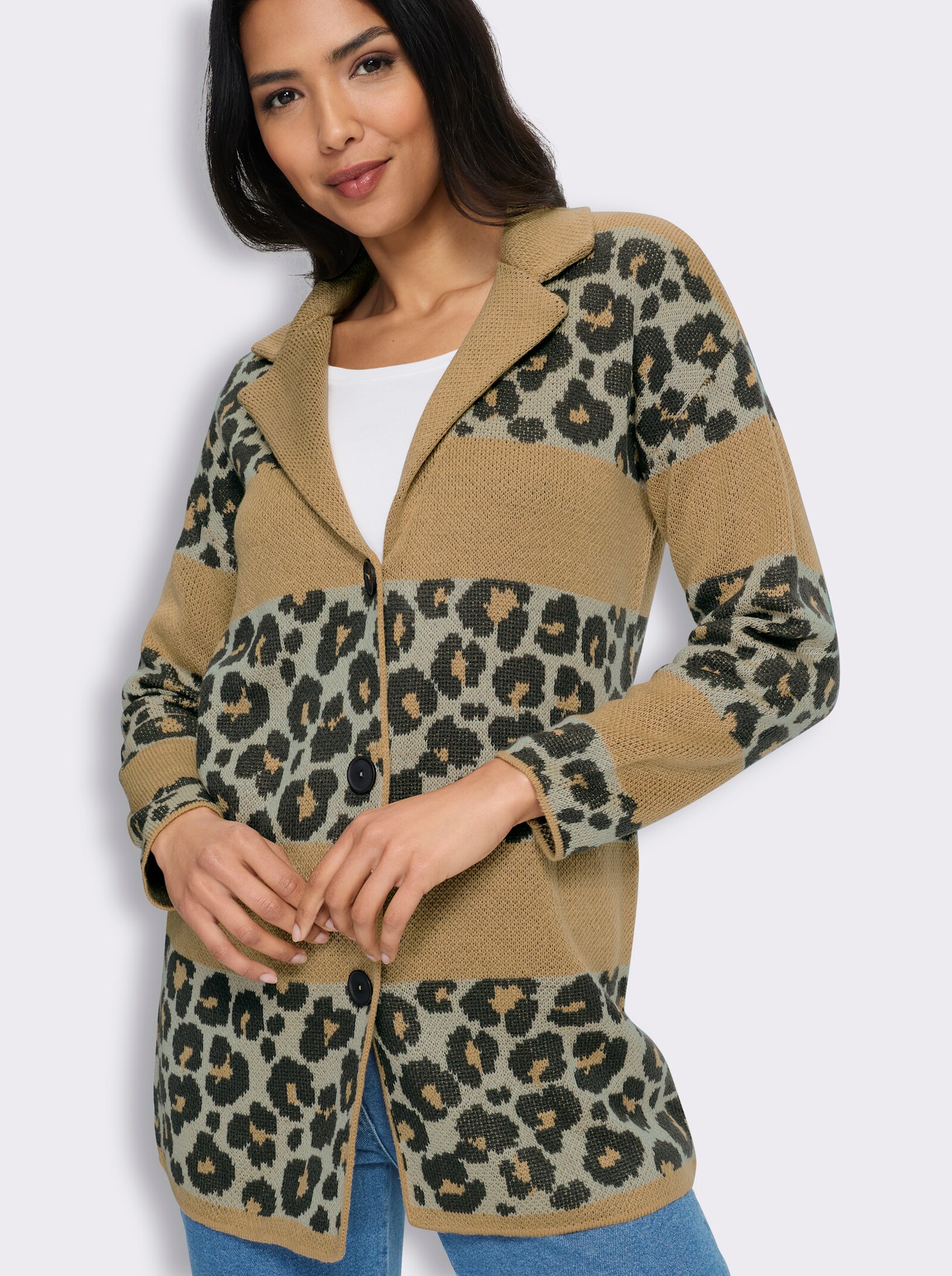 Jacquardstrickjacke im Mustermix - camel-graphit-gemustert