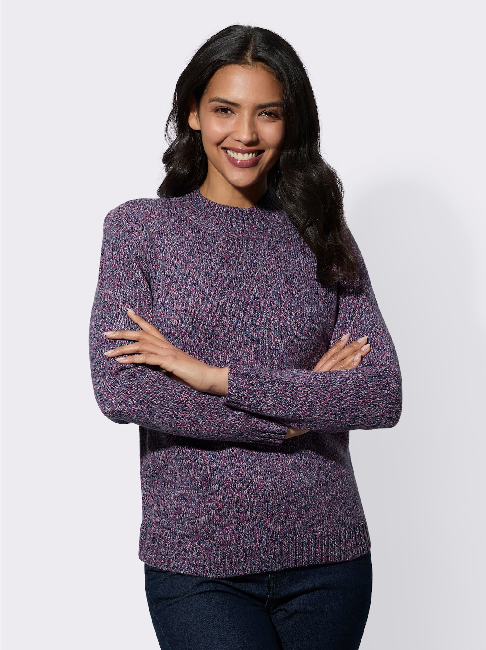 Pullover met opstaande kraag van gemêleerd garen - marine/heide gemêleerd