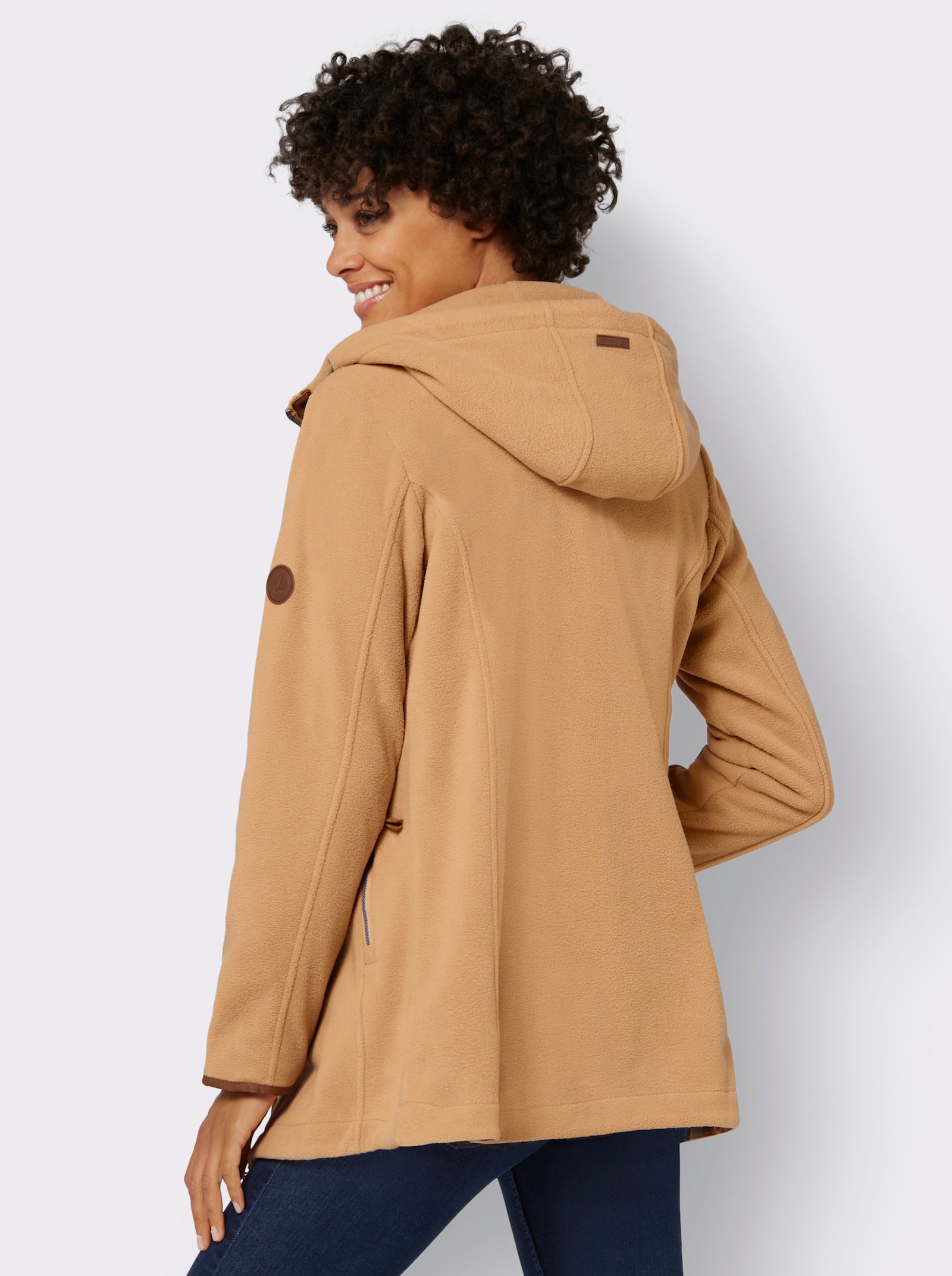 Fleecejack met capuchon en blinde ritssluiting - camel