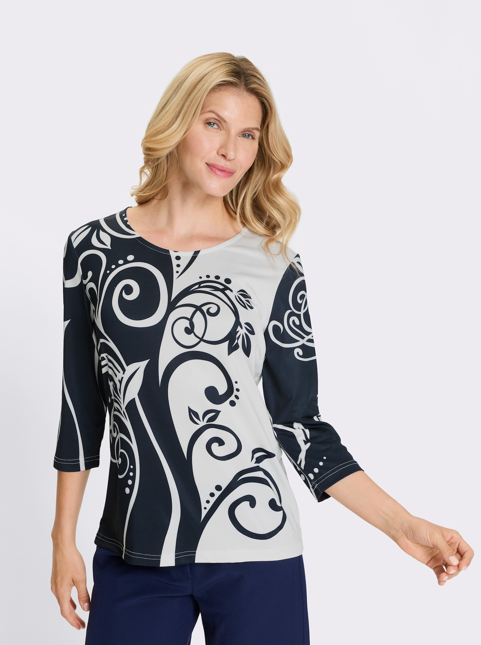 3/4-Arm-Shirt mit Glitzer-Kontrast-Druck - ecru-marine-bedruckt