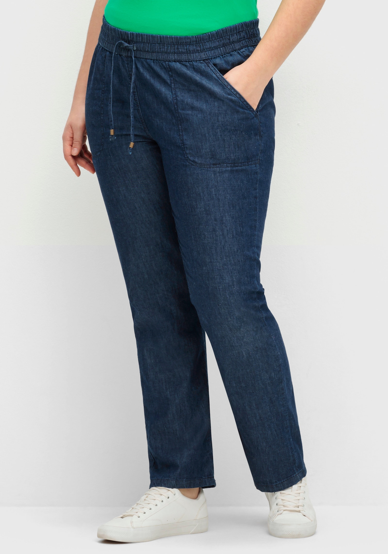 Schlupfjeans mit gesmoktem Bund - blue-stone-washed
