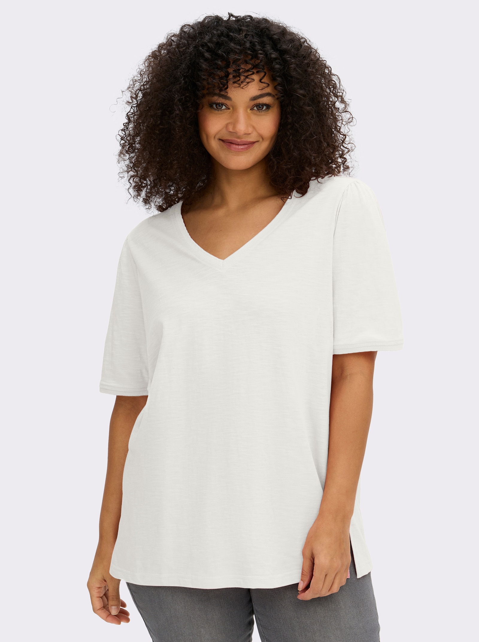 sheego V-Shirt in Flammgarn-Struktur - ecru