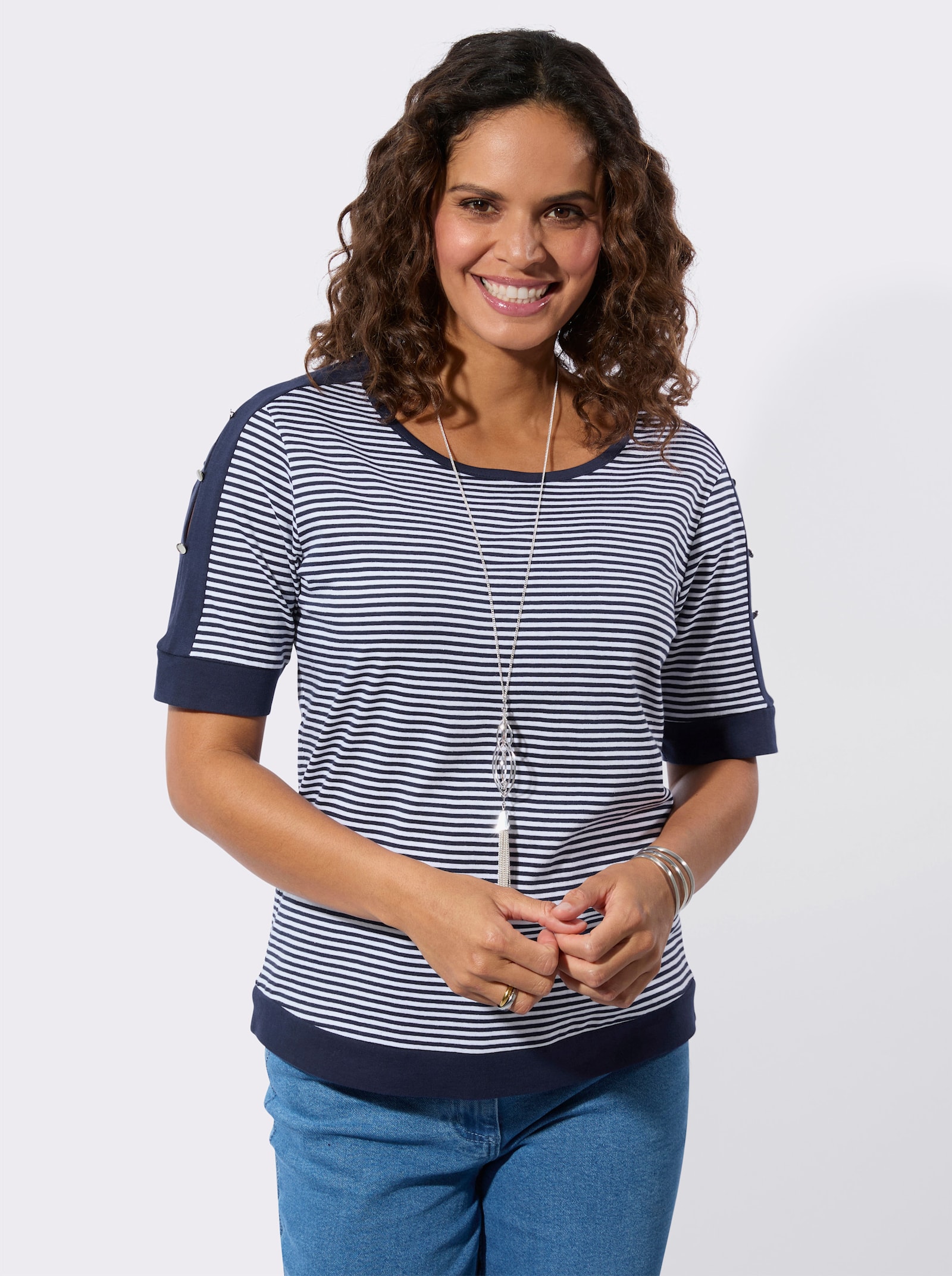 Ringelshirt mit Kontrastpaspeln - marine-weiß-geringelt