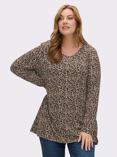 Tunikashirt mit Raffung am Ausschnitt - graphit-ocker-bedruckt