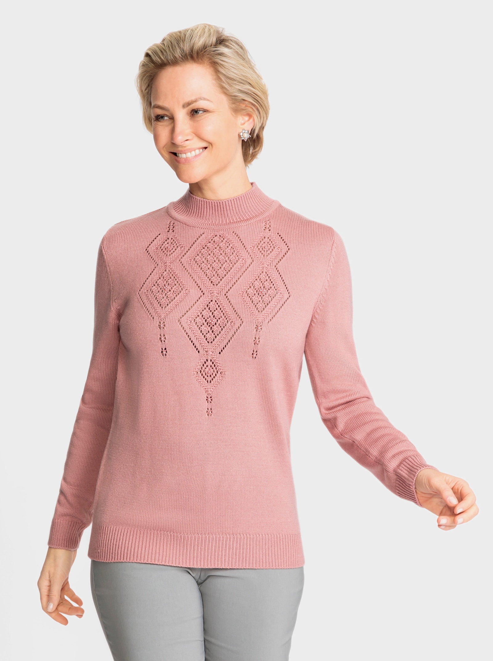 Stehkragenpullover mit Zierperlen - rosenquarz