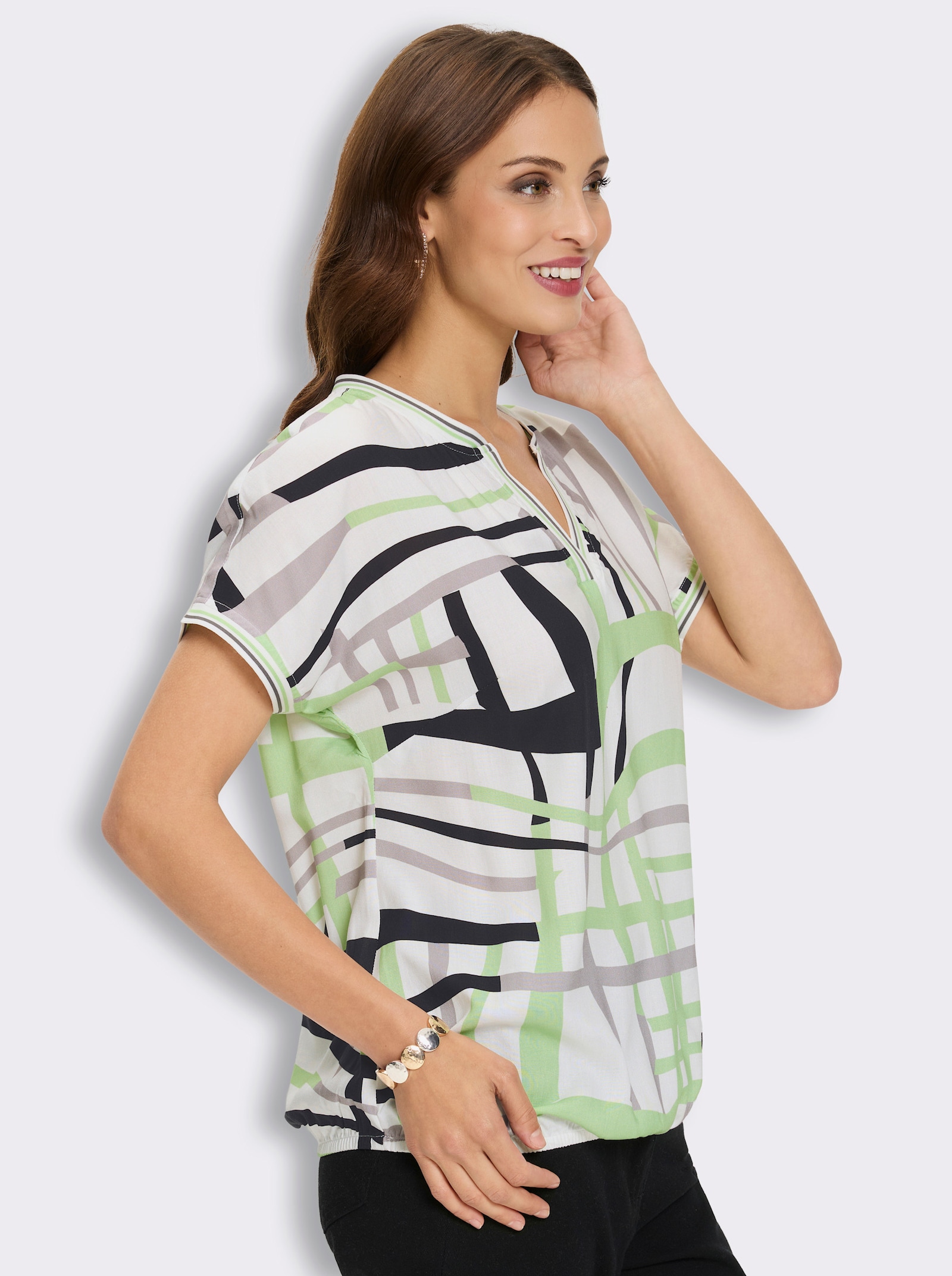 Schlupf-Bluse mit grafischem Print - ecru-reseda-bedruckt