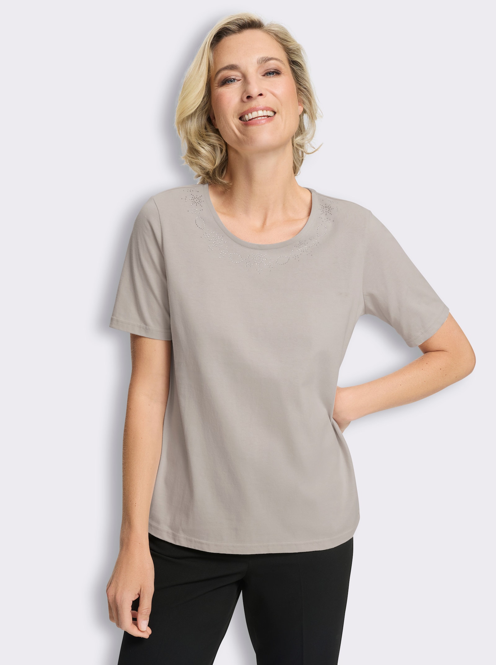 Shirt met korte mouwen, met glittersteentjesapplicatie - lichtgrijs