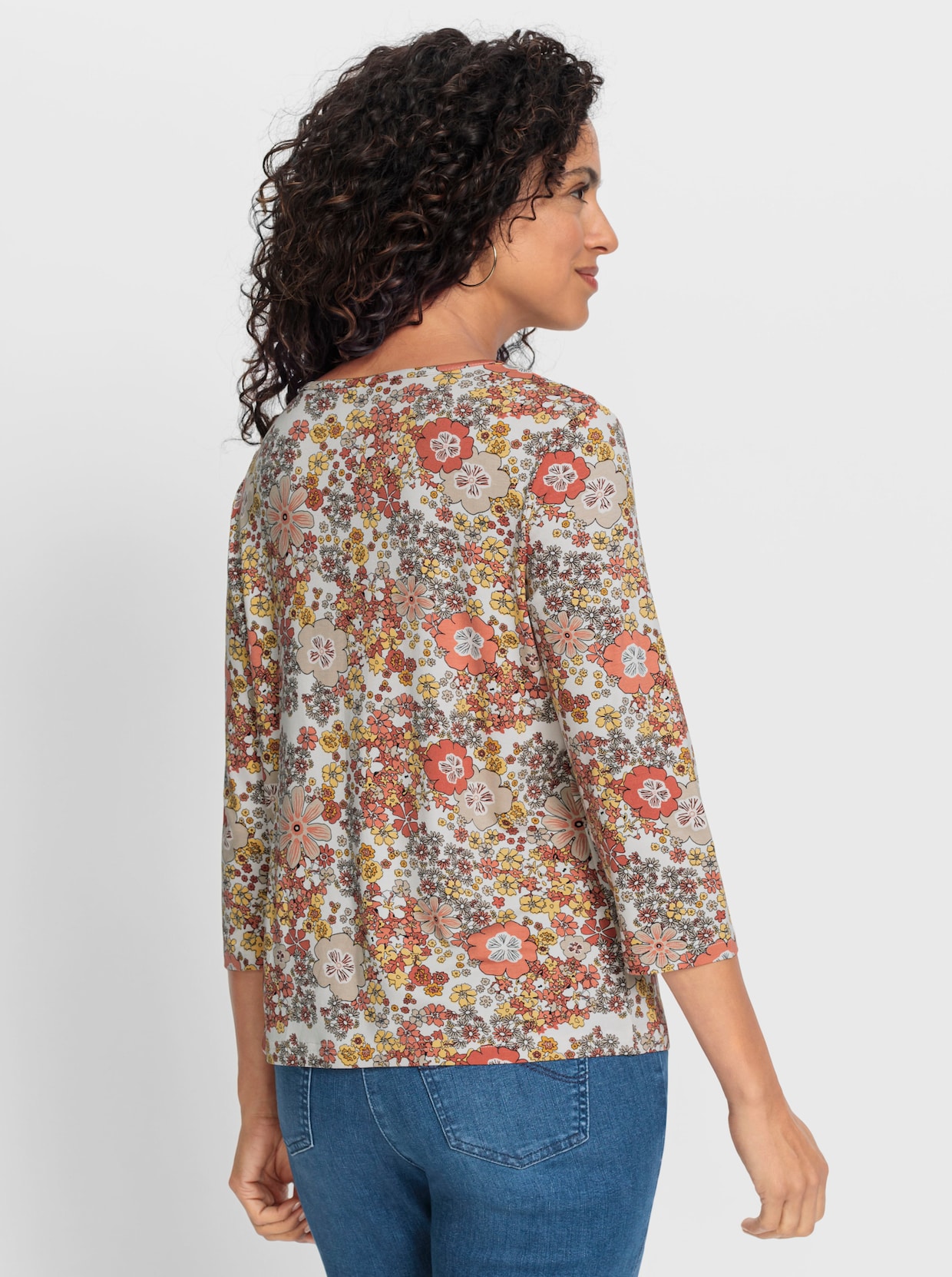 Shirt met V-hals - ecru/papaja bedrukt