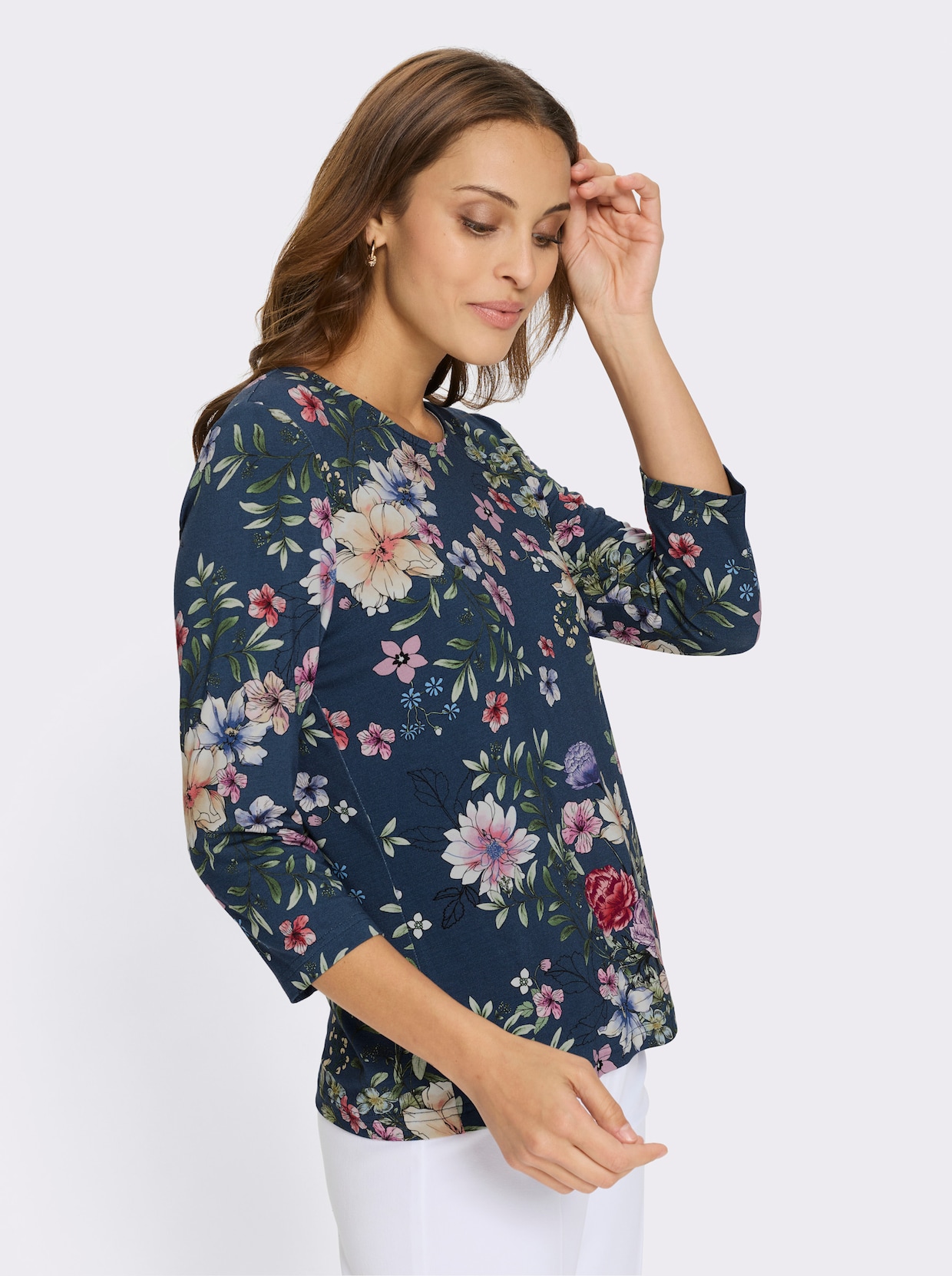 Rundhalsshirt - dunkelblau-orchidee-bedruckt
