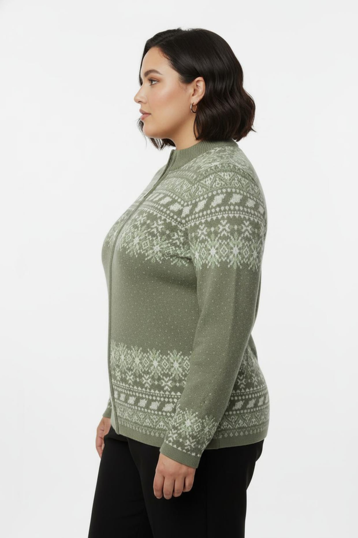 Jacquardstrickjacke im Norweger-Stil - khaki-ecru-gemustert