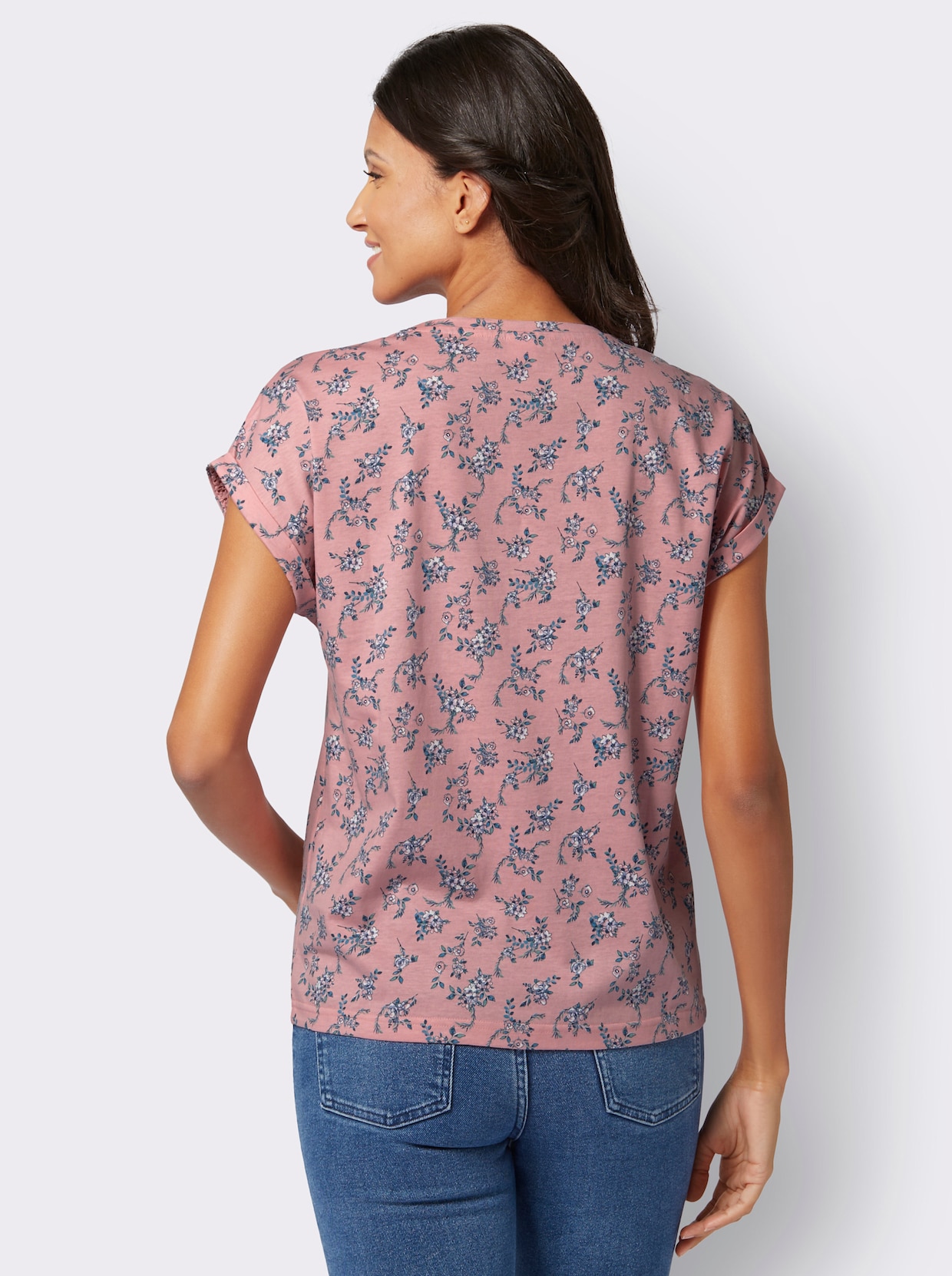 Tričko s kulatým výstřihem - růženínová-nefritová-potisk