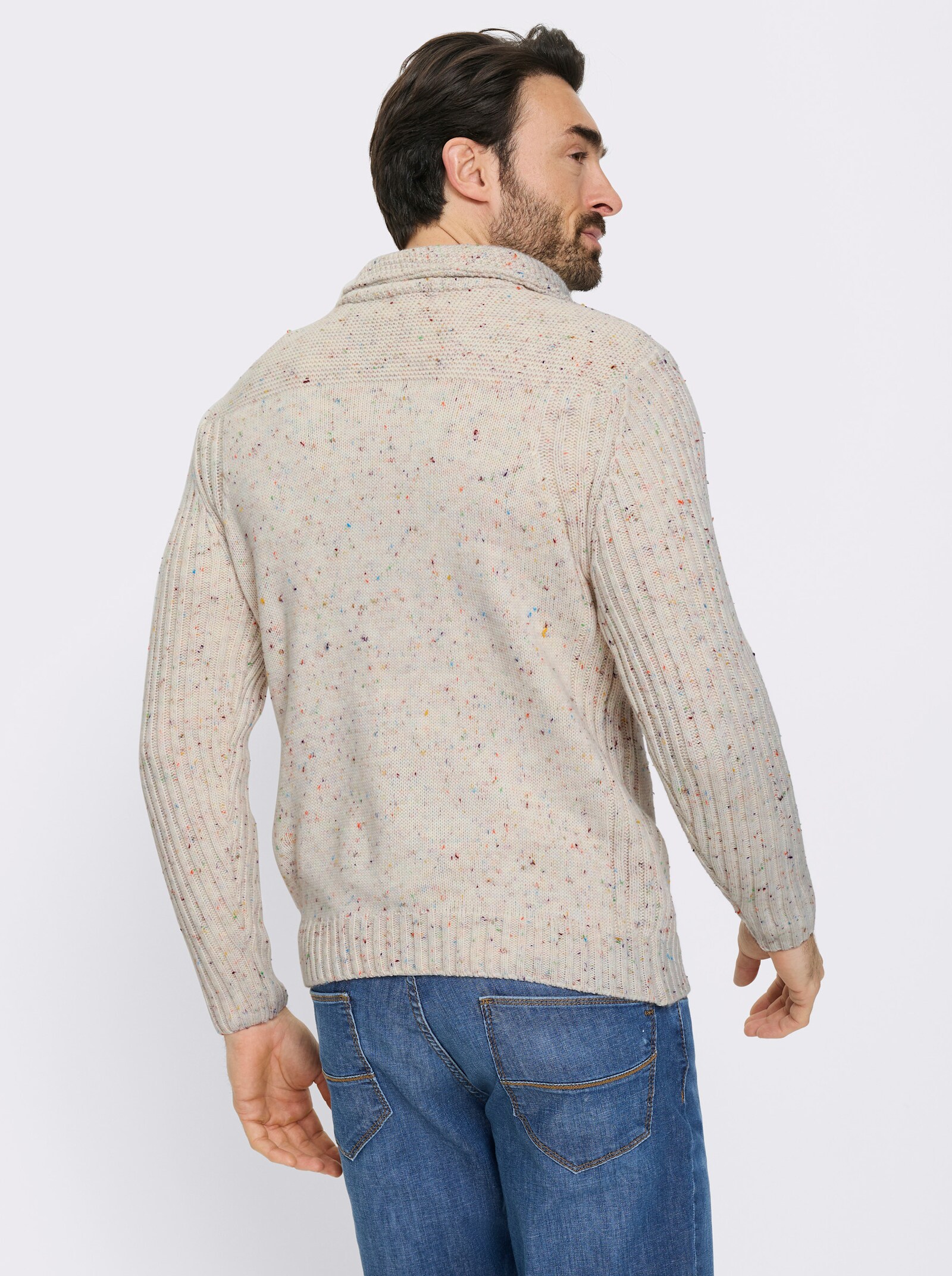 Marco Donati Schalkragenpullover mit Leder-Imitat-Besatz - ecru-gemustert